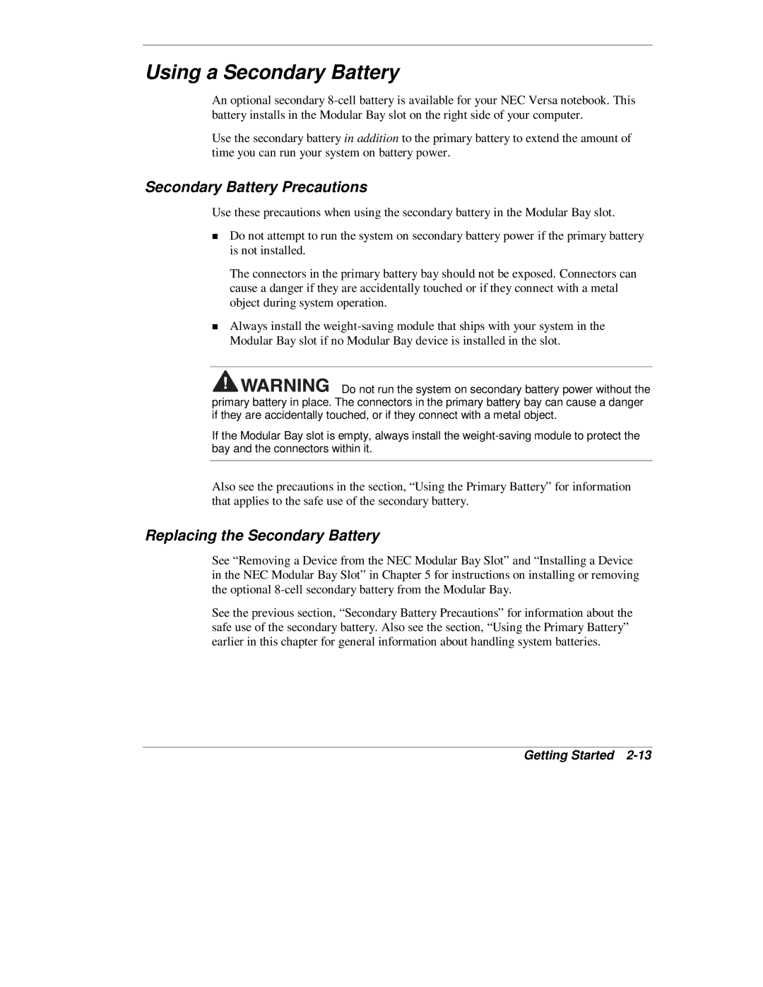 NEC L320 manual Using a Secondary Battery, Secondary Battery Precautions, Replacing the Secondary Battery 