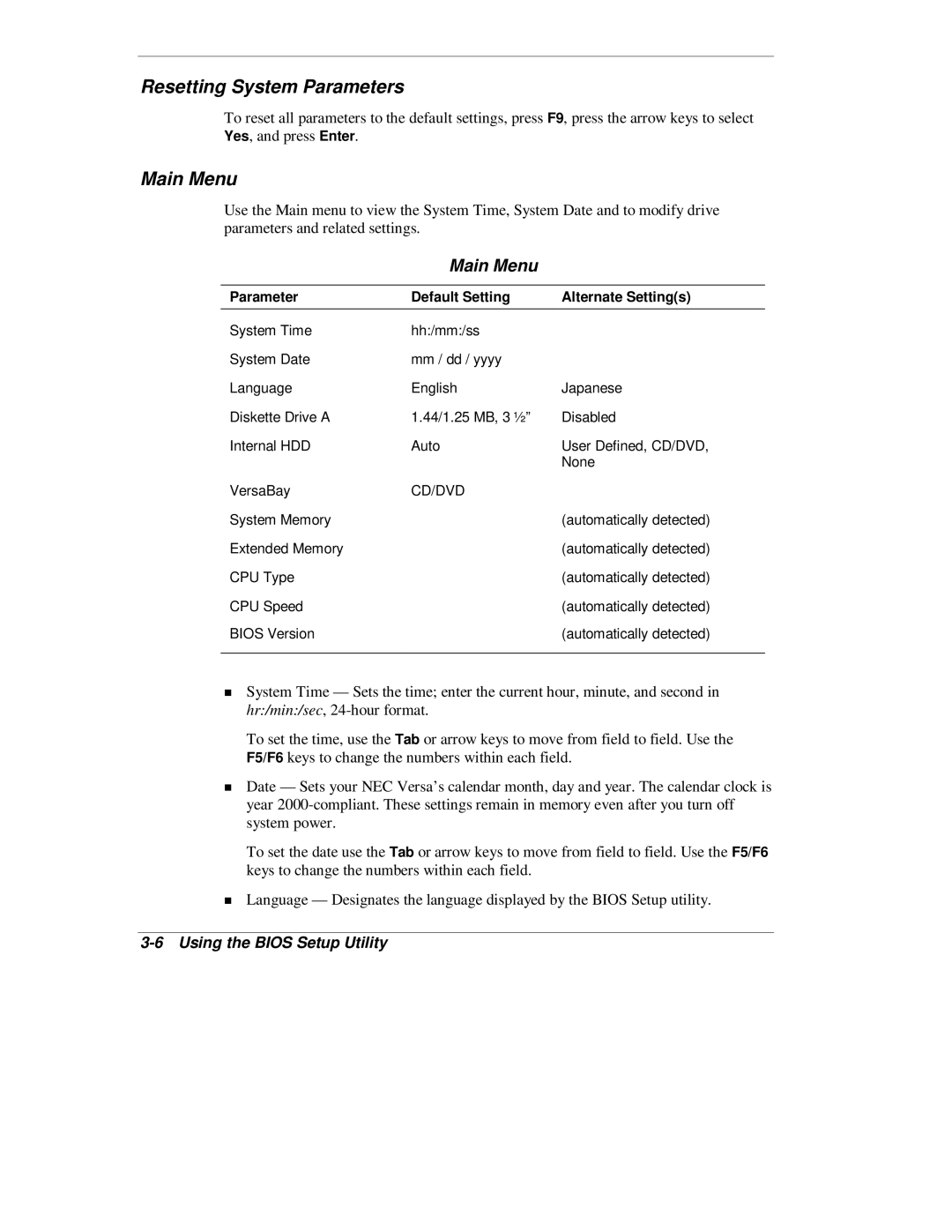 NEC L320 manual Resetting System Parameters, Main Menu 