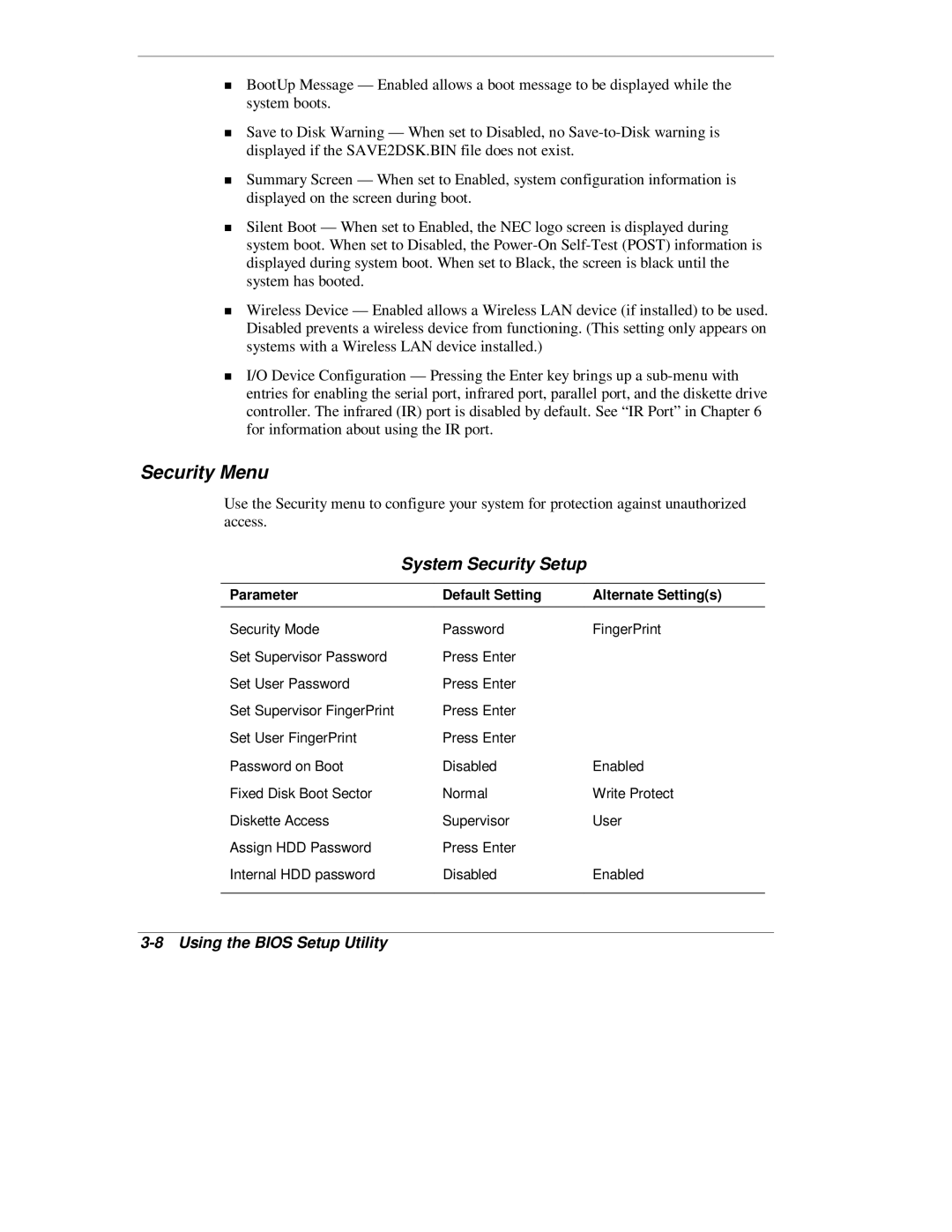 NEC L320 manual Security Menu, System Security Setup 