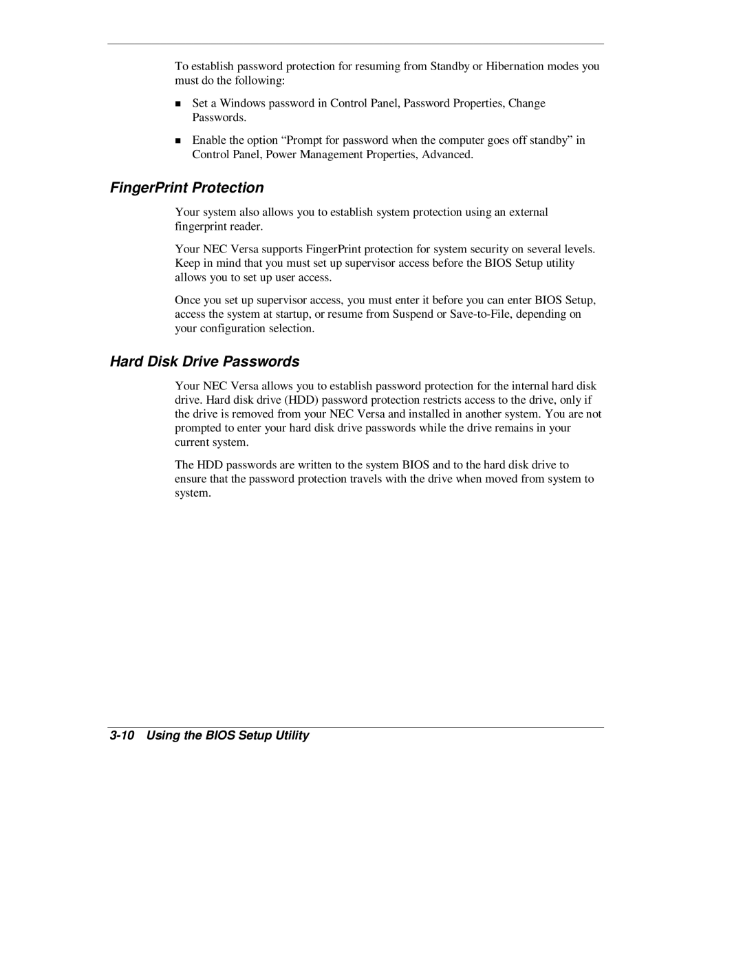 NEC L320 manual FingerPrint Protection, Hard Disk Drive Passwords 