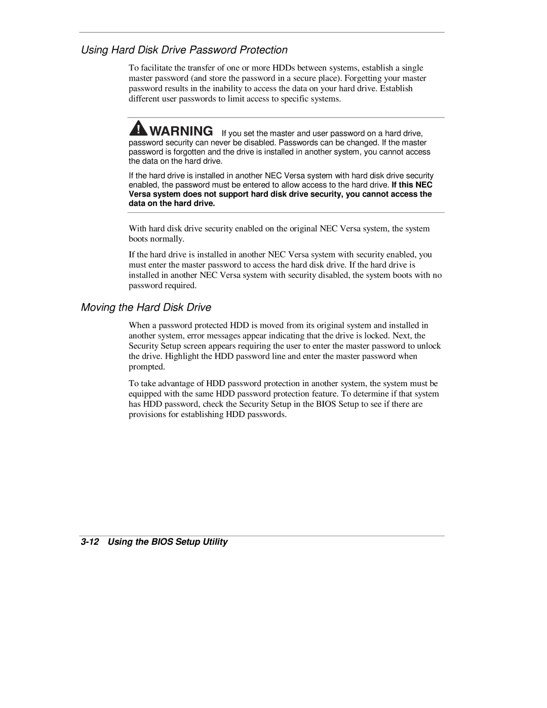 NEC L320 manual Using Hard Disk Drive Password Protection, Moving the Hard Disk Drive 