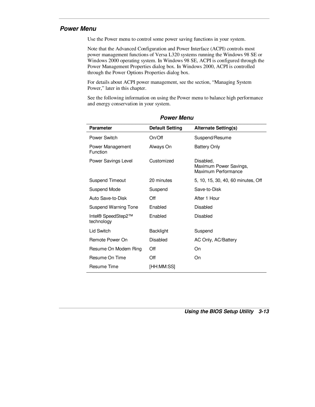 NEC L320 manual Power Menu 