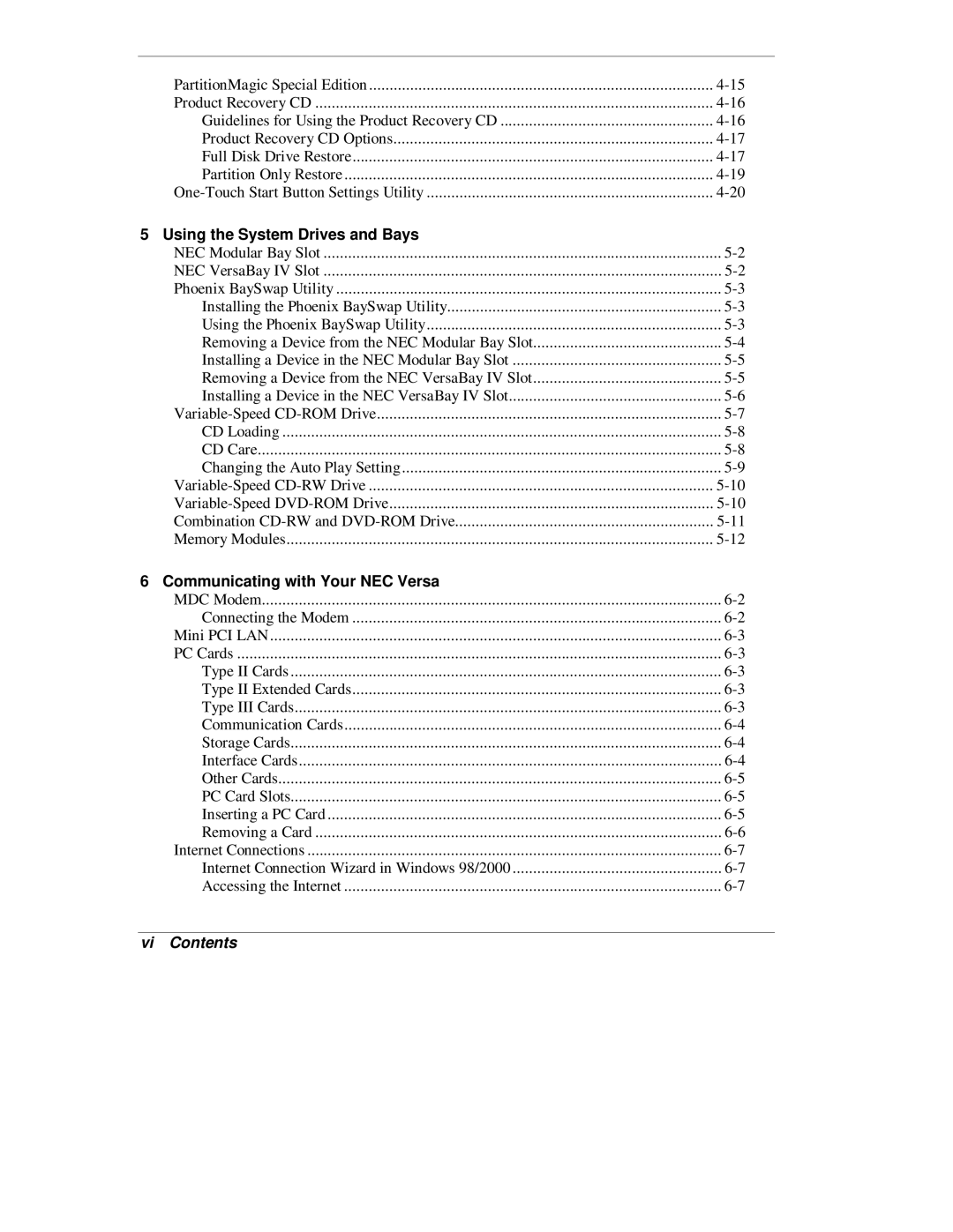 NEC L320 manual Vi Contents 