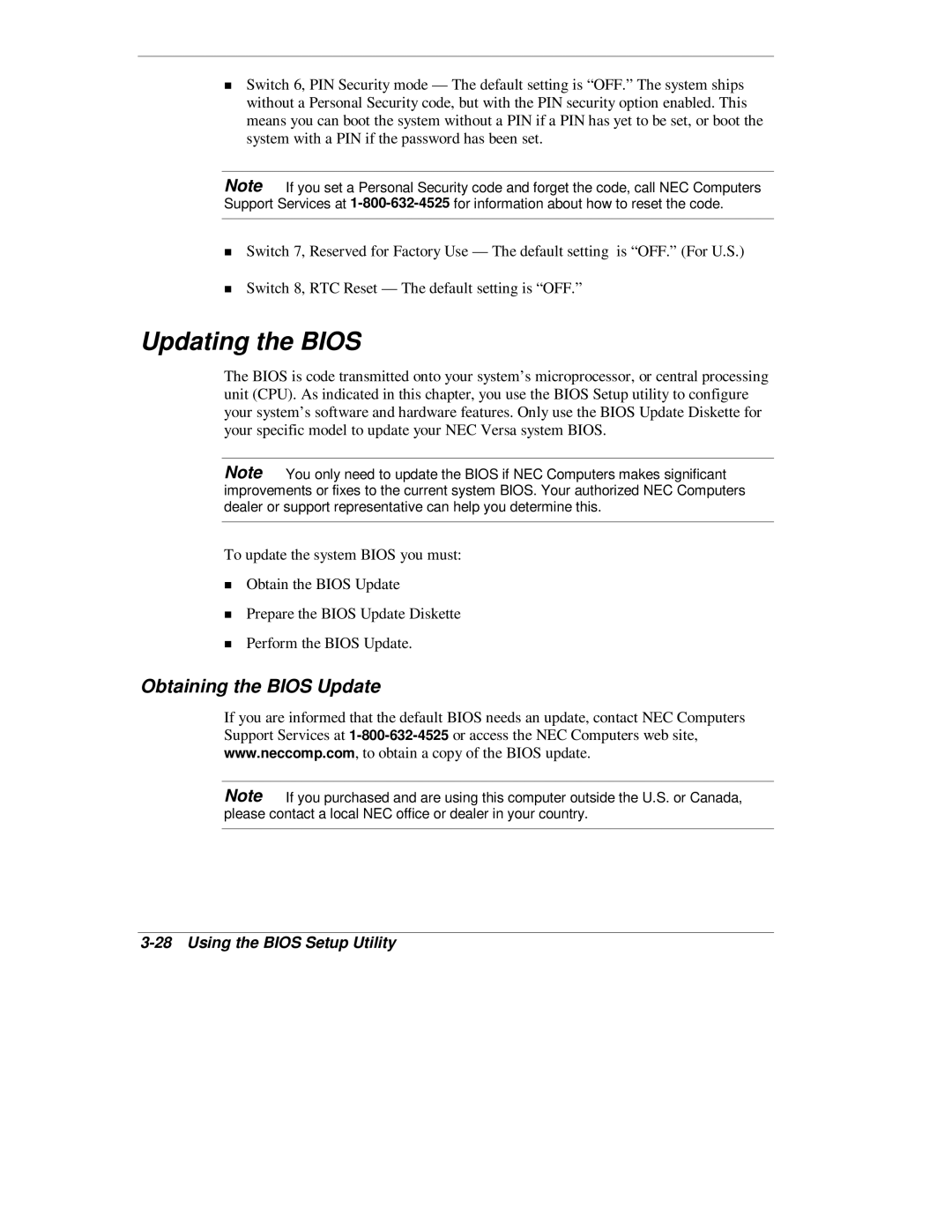 NEC L320 manual Updating the Bios, Obtaining the Bios Update 