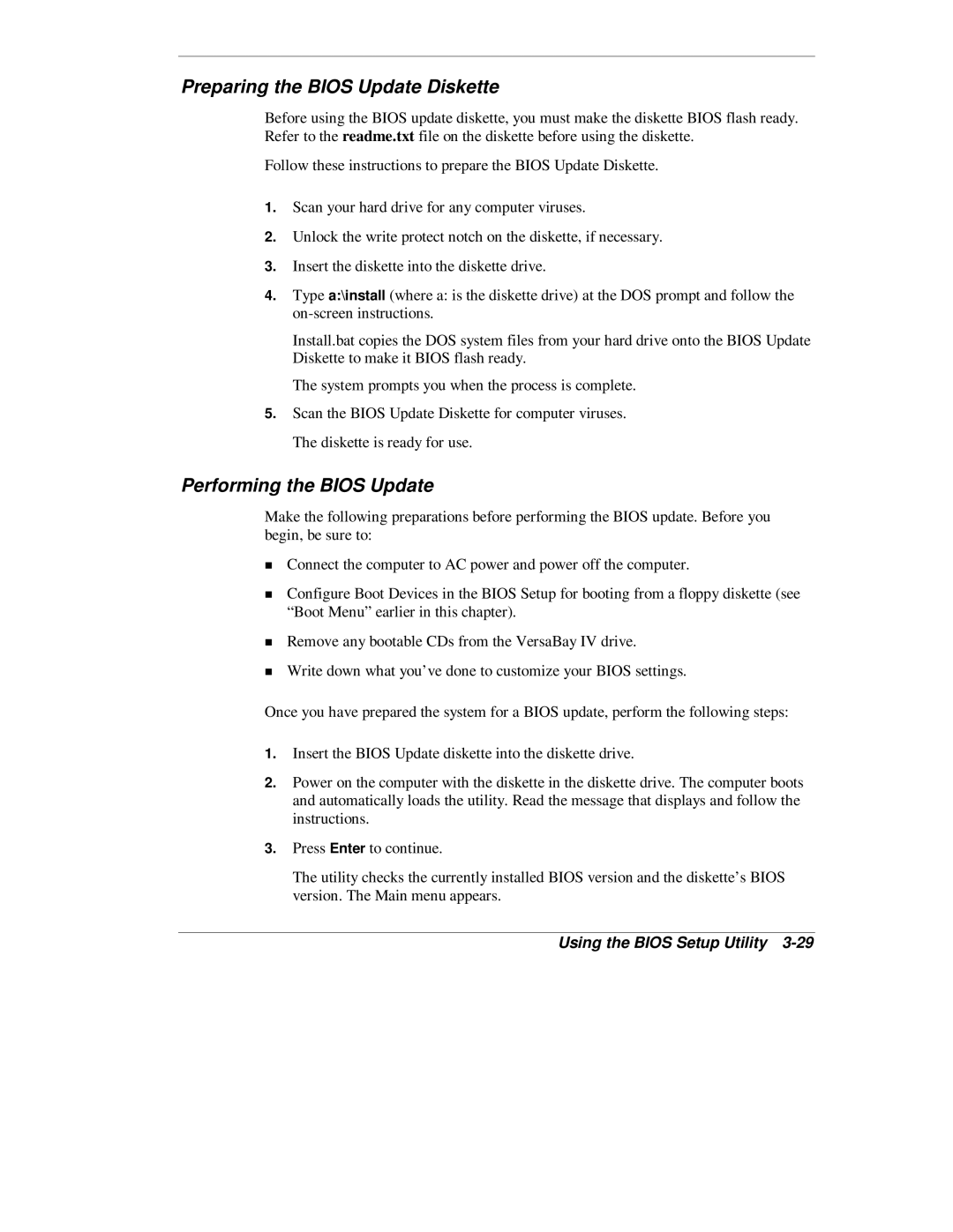 NEC L320 manual Preparing the Bios Update Diskette, Performing the Bios Update 