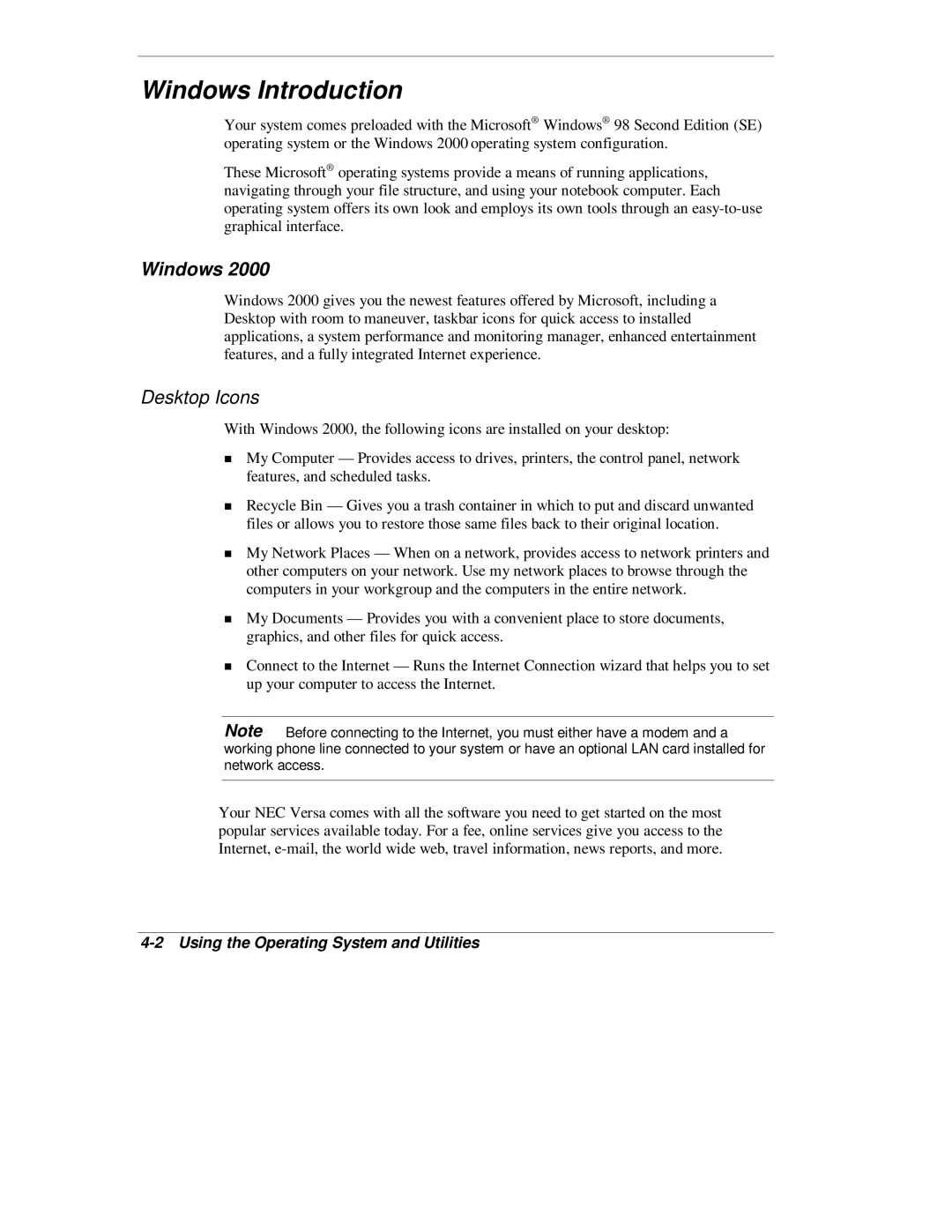 NEC L320 manual Windows Introduction, Desktop Icons, Using the Operating System and Utilities 