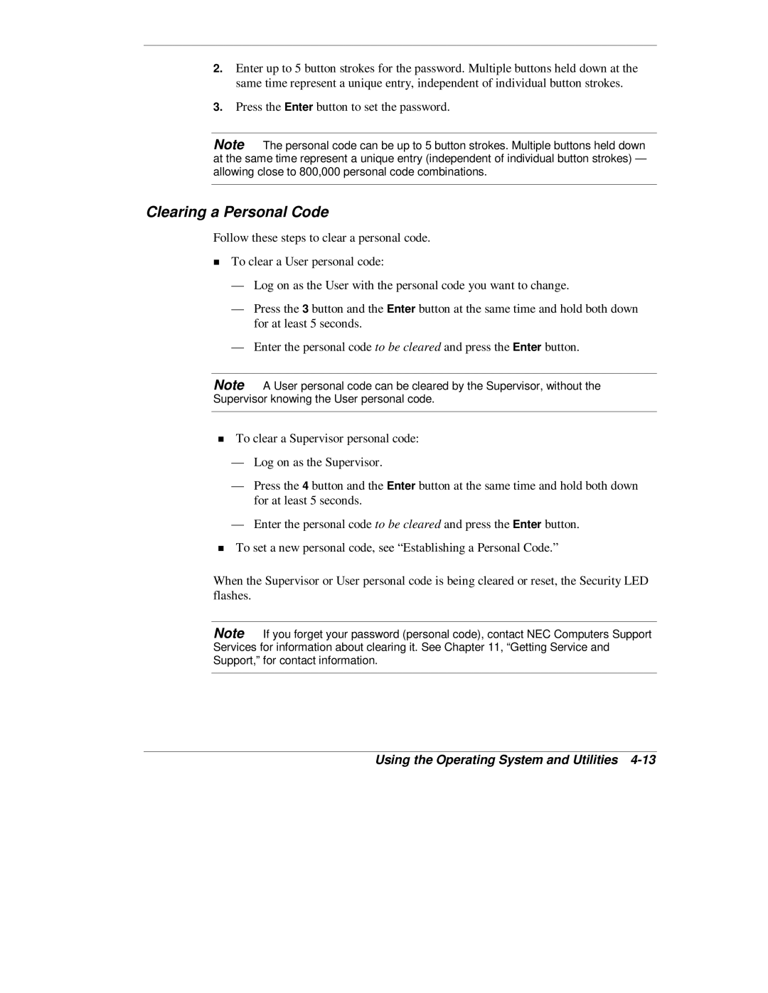 NEC L320 manual Clearing a Personal Code 