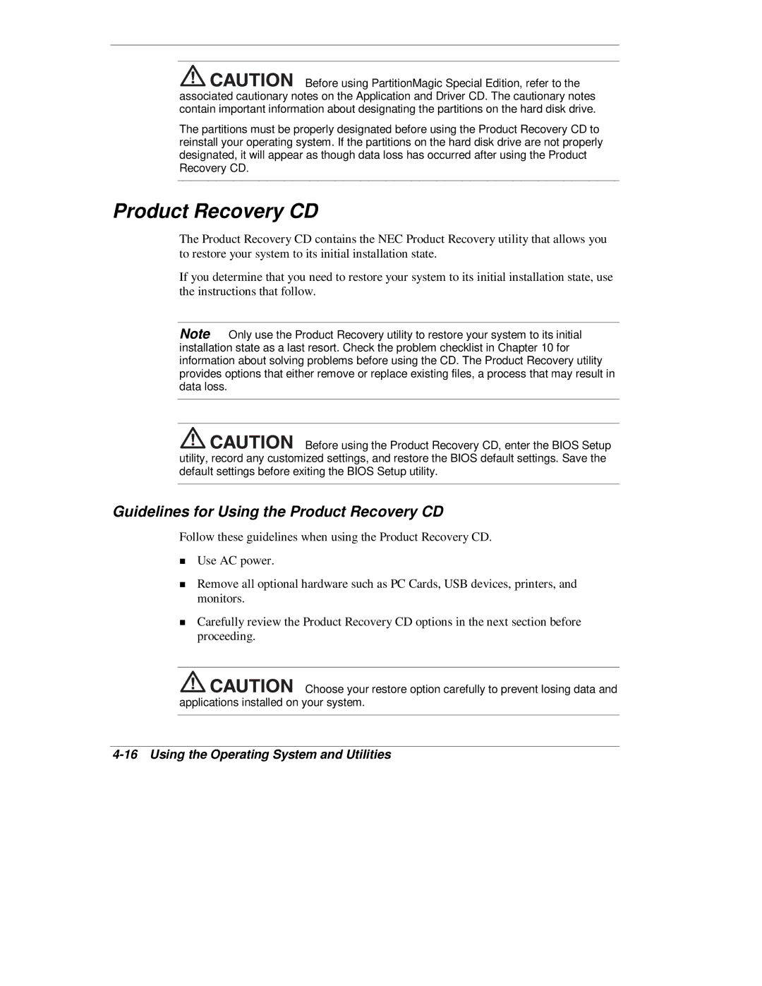 NEC L320 manual Guidelines for Using the Product Recovery CD 