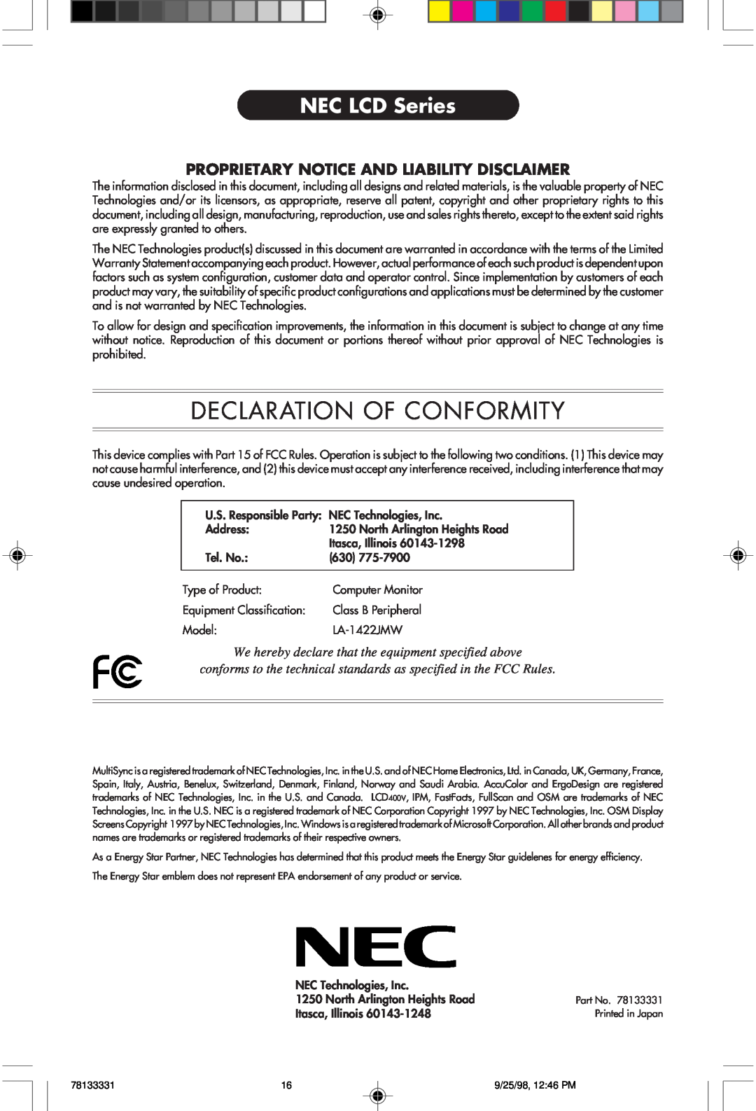 NEC LA-1422JMW user manual NEC LCD Series, Declaration Of Conformity, Proprietary Notice And Liability Disclaimer 