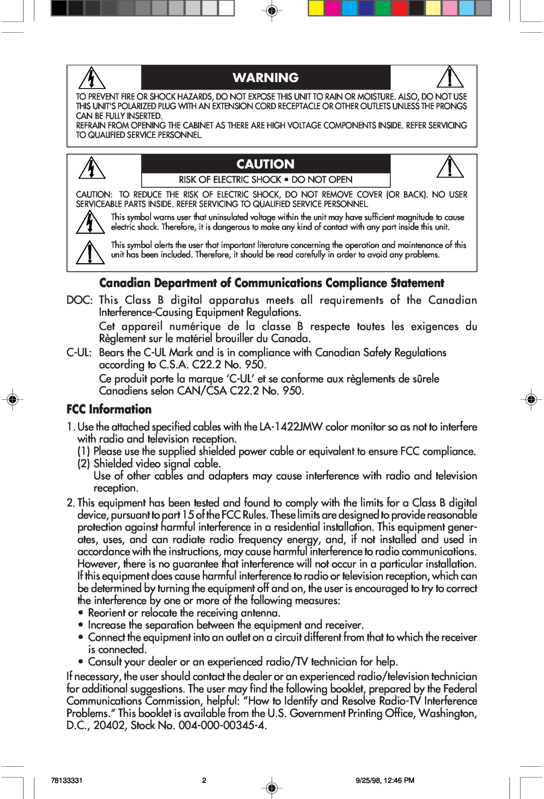 NEC LA-1422JMW user manual FCC Information 
