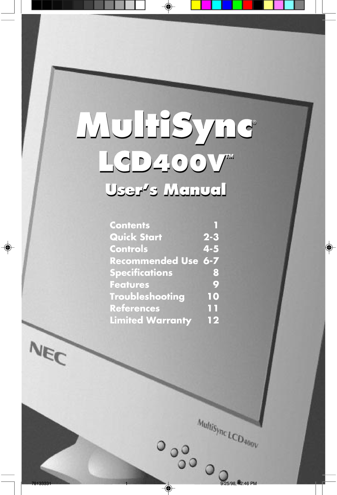 NEC LA-1422JMW user manual MultiSync 