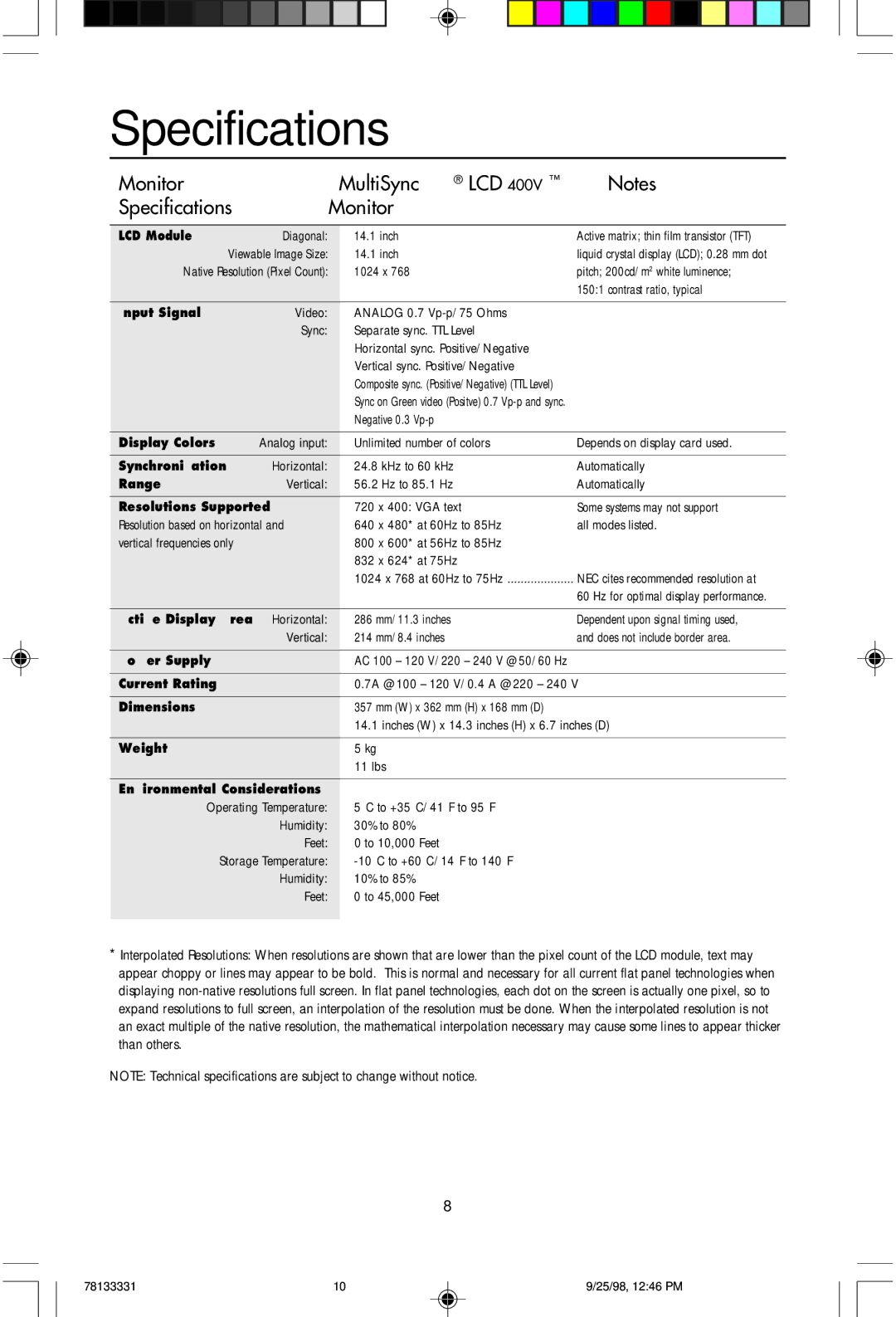 NEC LA-1422JMW user manual Monitor MultiSync LCD400V Specifications 