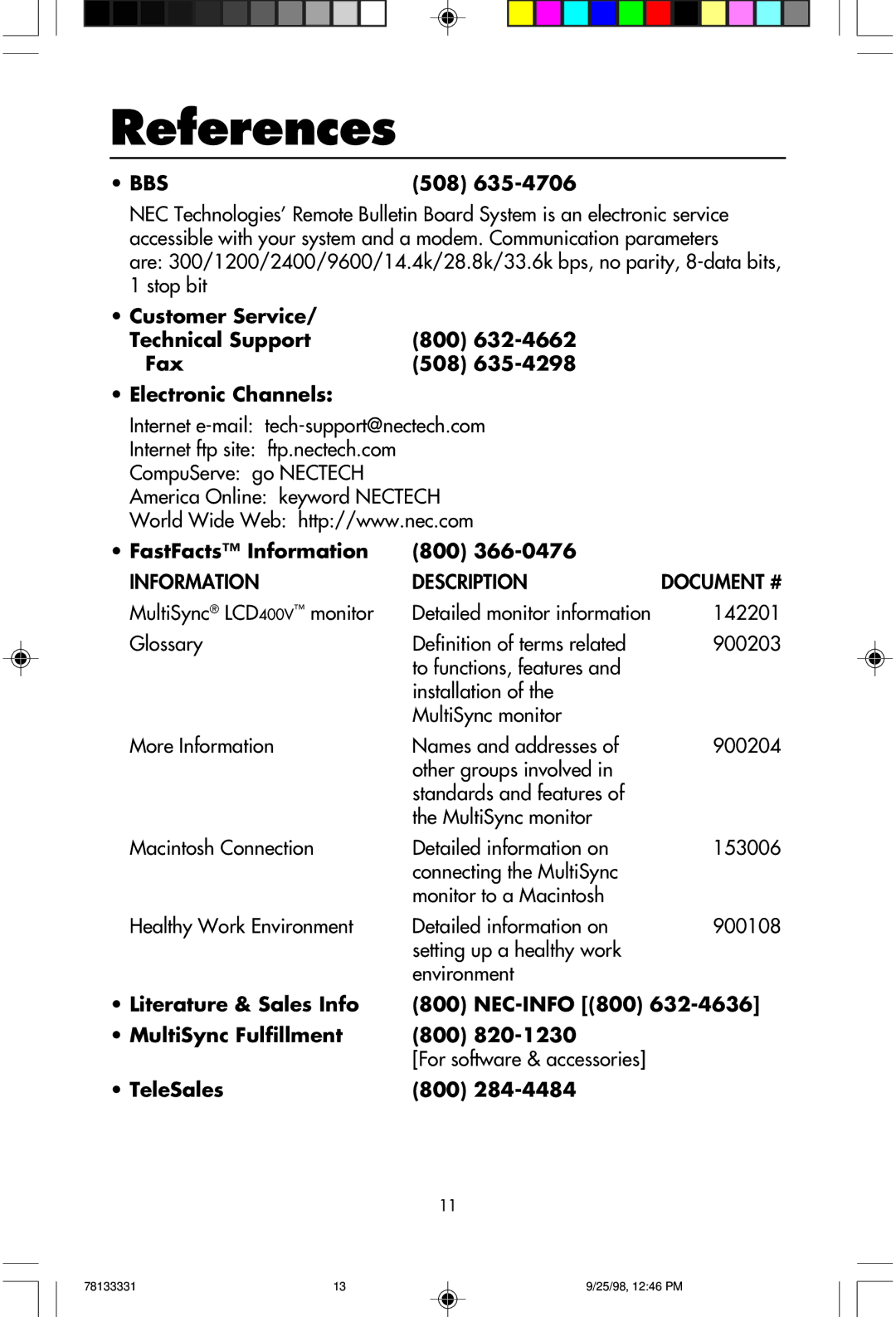 NEC LA-1422JMW References, 508, FastFacts Information 800, Literature & Sales Info NEC-INFO 800 MultiSync Fulfillment 