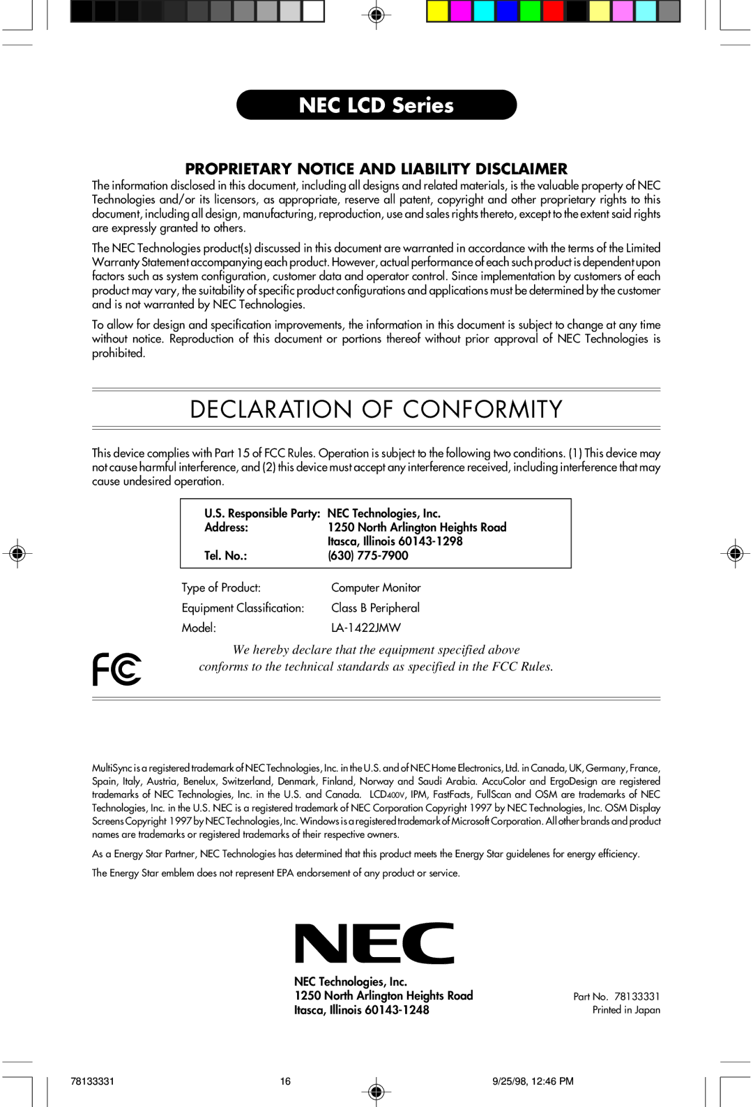 NEC LA-1422JMW user manual Declaration of Conformity 