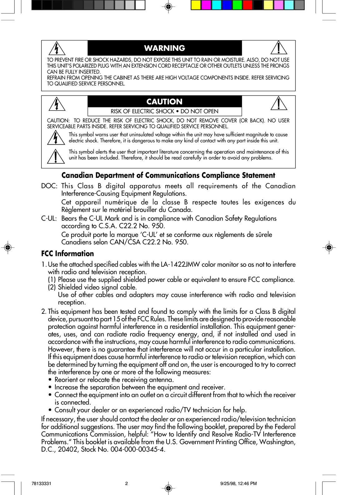 NEC LA-1422JMW user manual Canadian Department of Communications Compliance Statement, FCC Information 