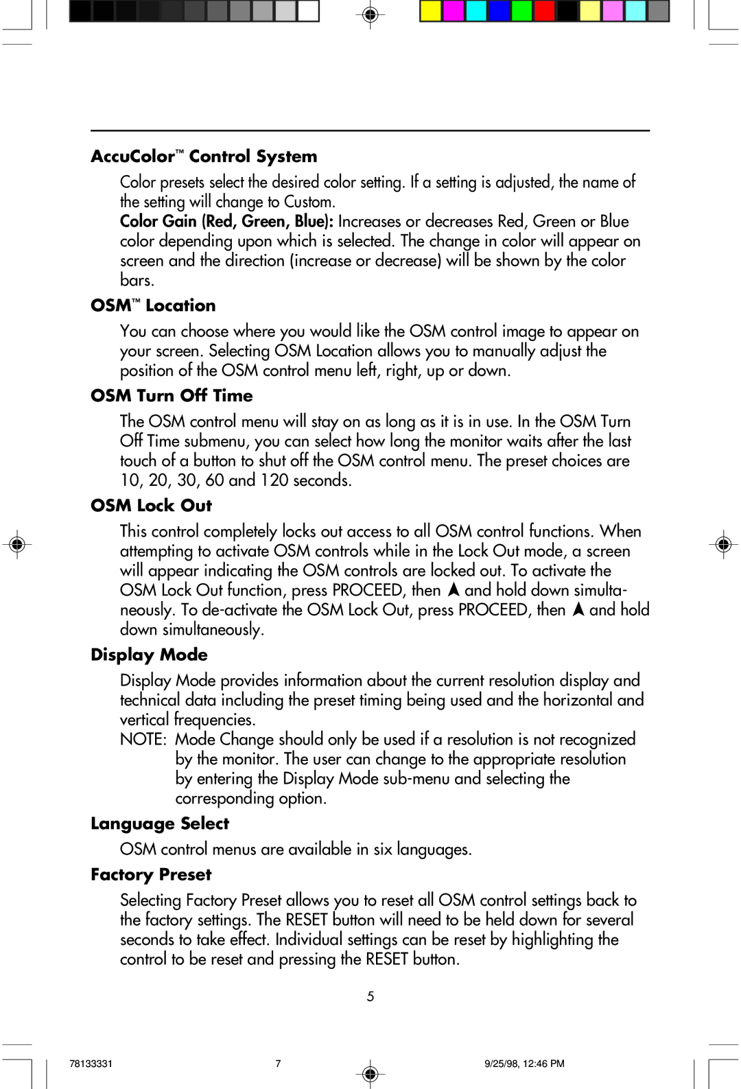 NEC LA-1422JMW AccuColor Control System, OSM Location, OSM Turn Off Time, OSM Lock Out, Display Mode, Language Select 