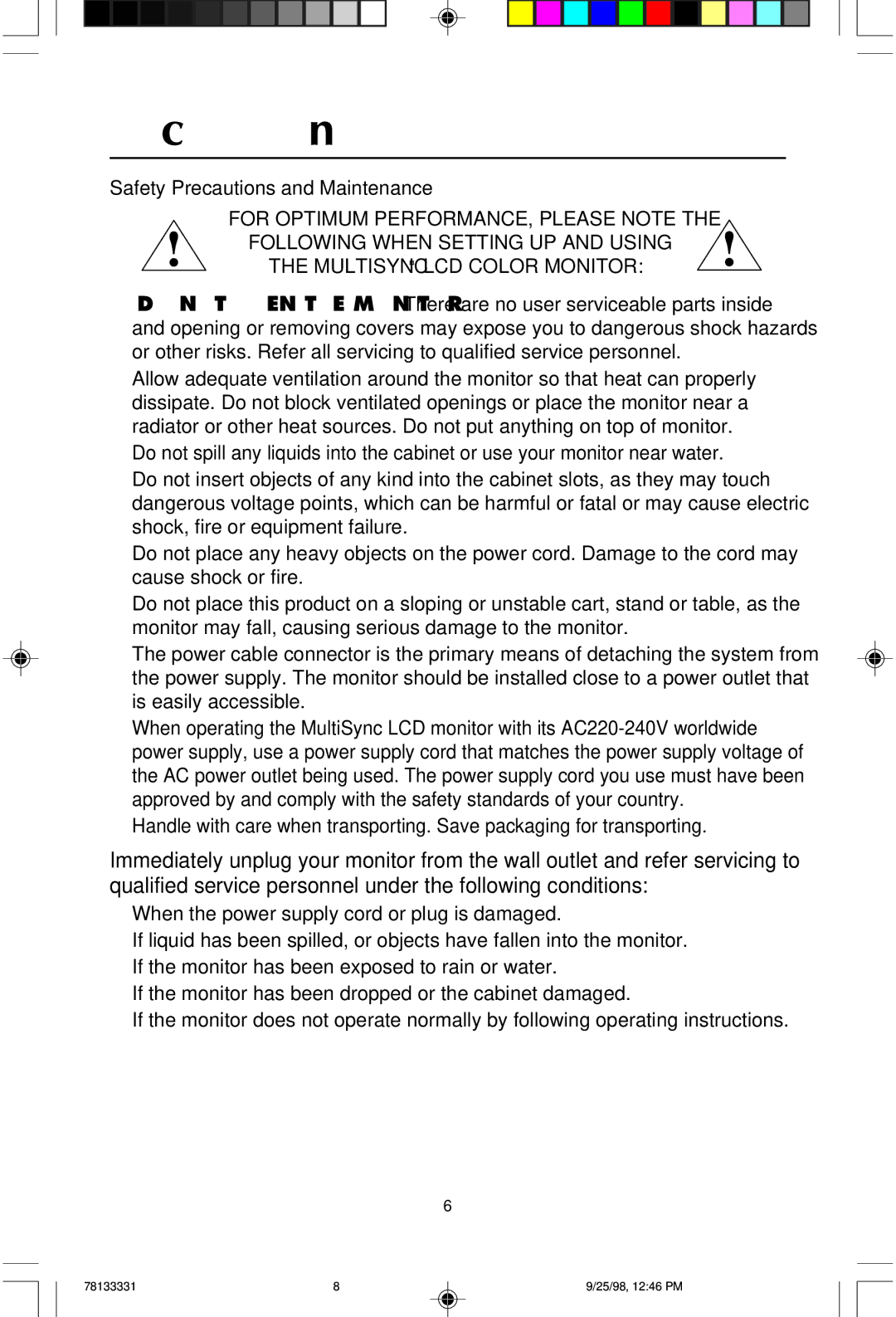 NEC LA-1422JMW user manual Recommended Use, Safety Precautions and Maintenance 