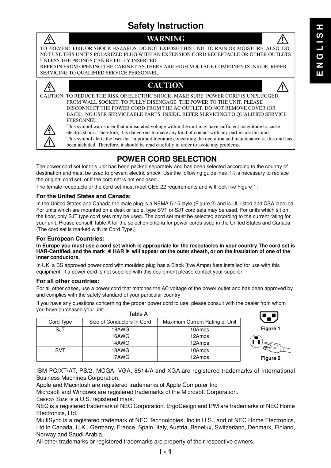 NEC LA-1524HMW manual Safety Instruction, Power Cord Selection 