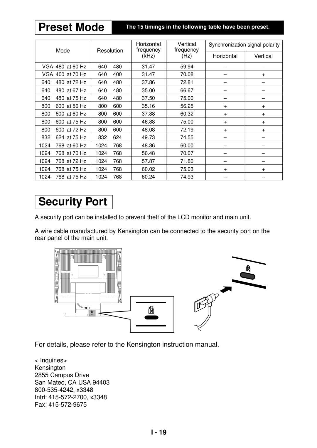 NEC LA-1524HMW manual Preset Mode, Security Port 