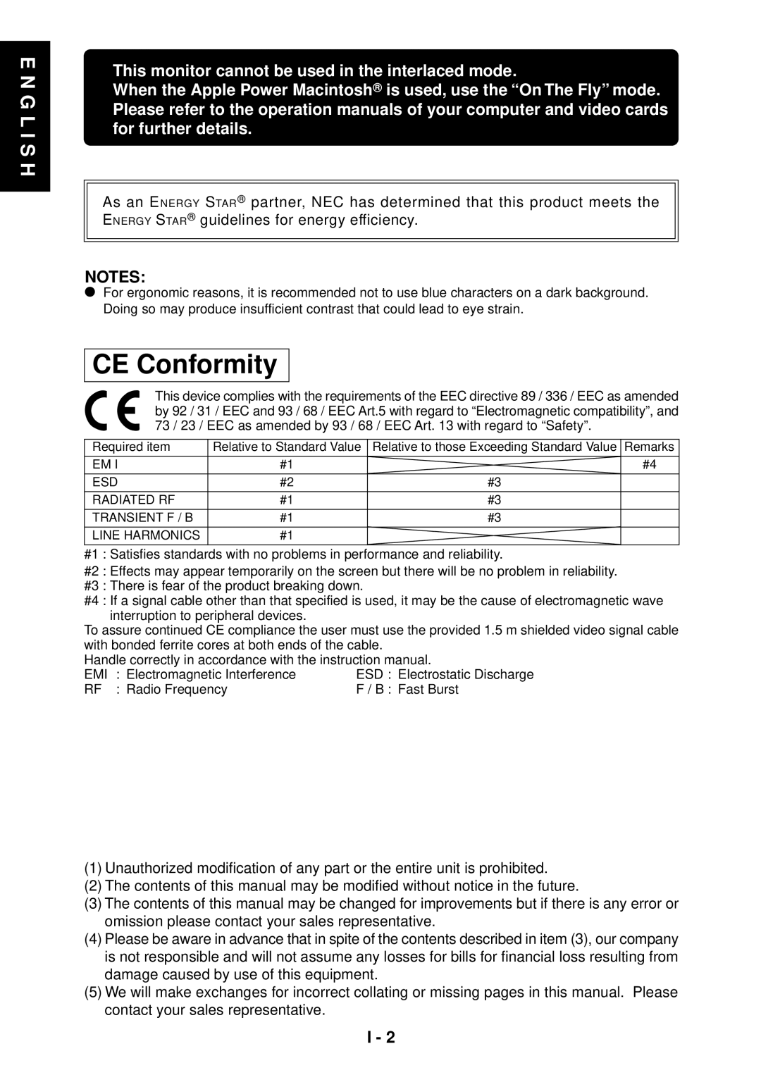 NEC LA-1524HMW manual CE Conformity, This monitor cannot be used in the interlaced mode 