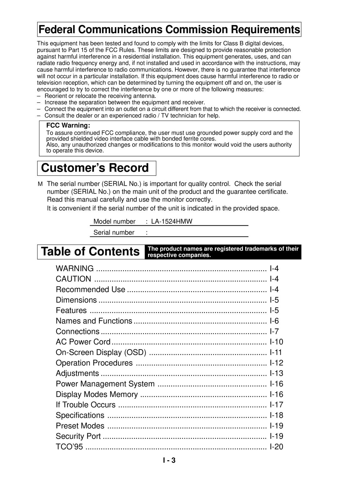 NEC LA-1524HMW manual Customer’s Record, Federal Communications Commission Requirements 