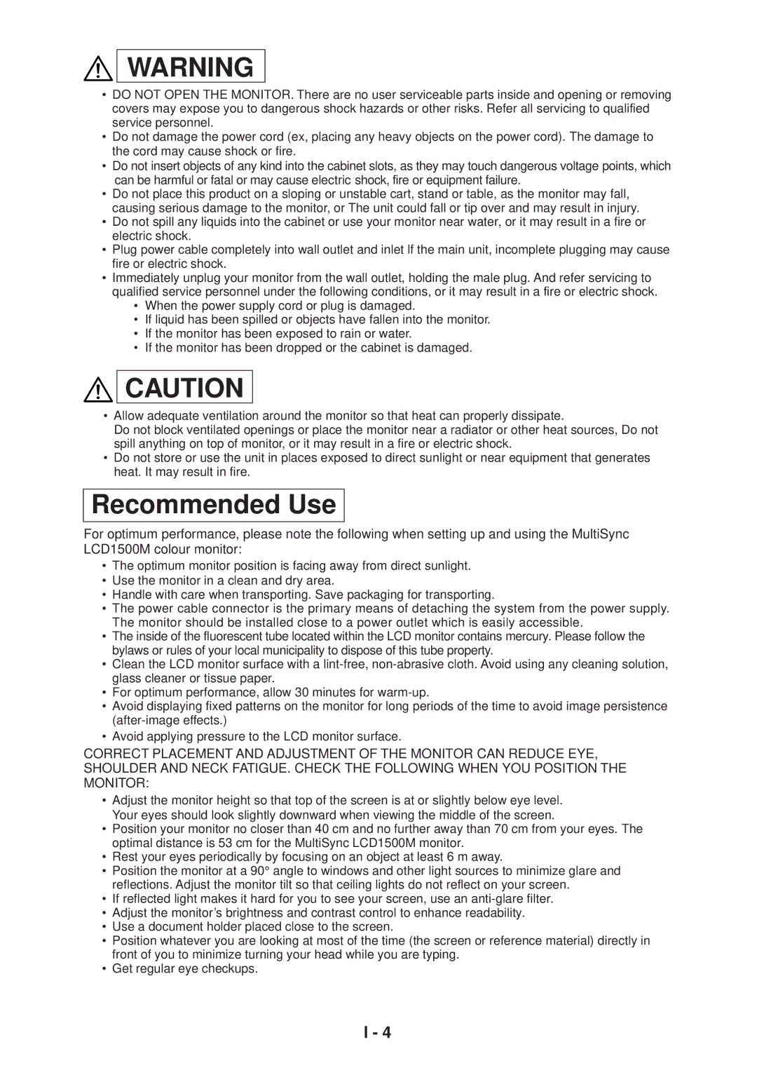 NEC LA-1524HMW manual Recommended Use 