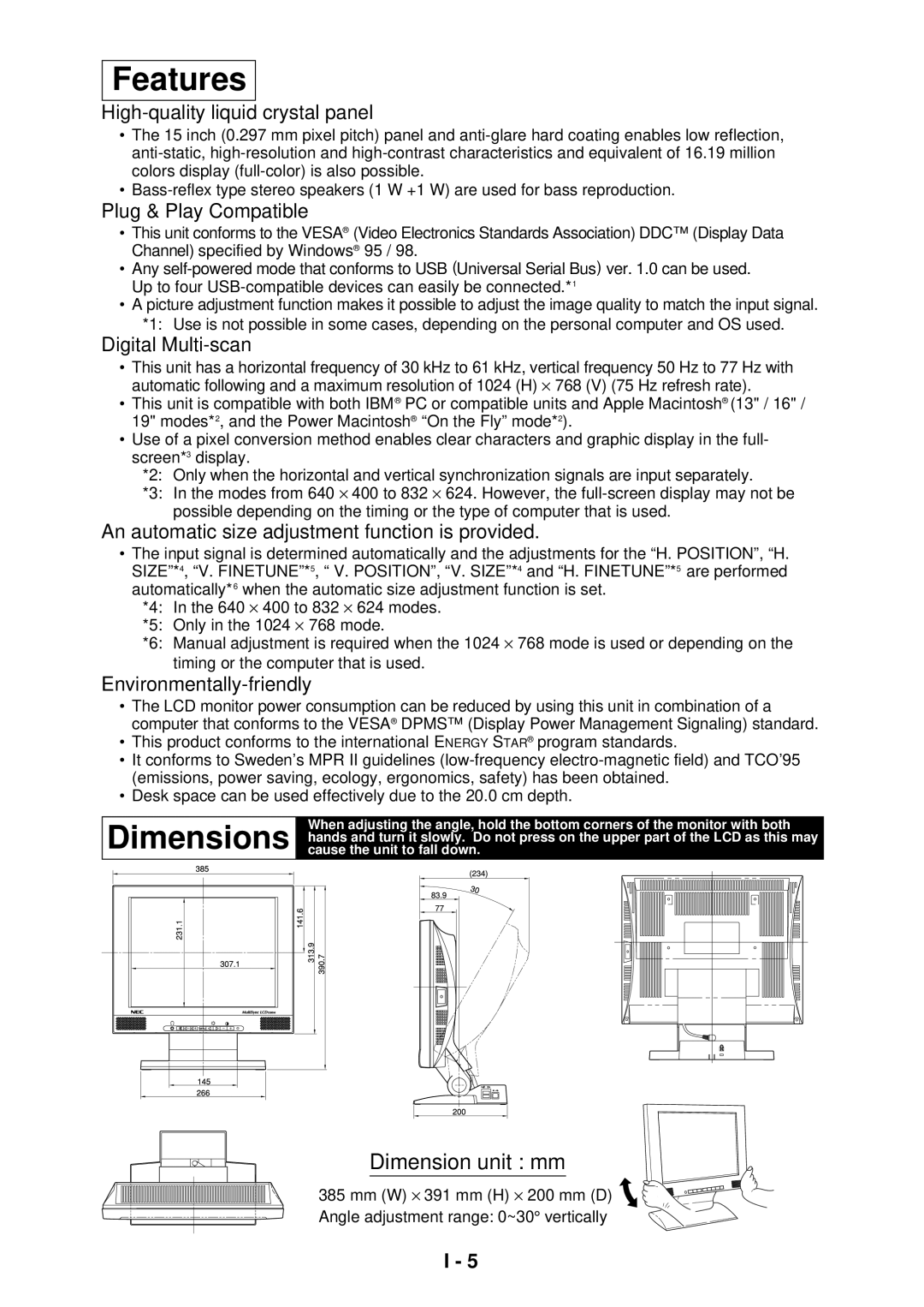 NEC LA-1524HMW manual Features, Dimensions 