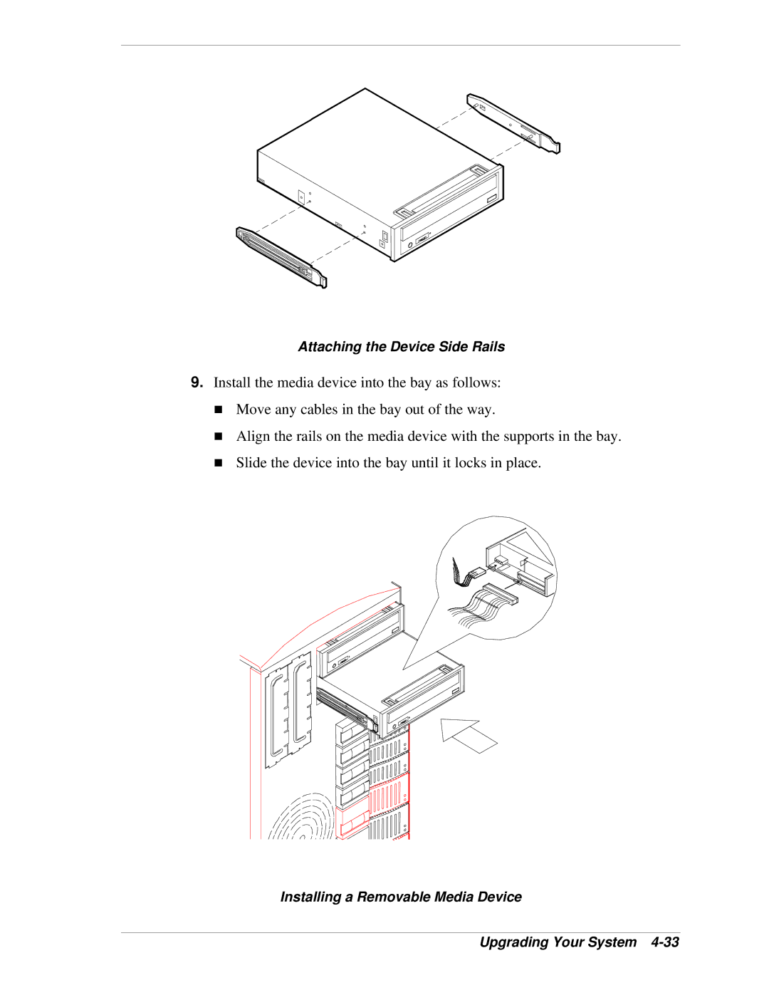 NEC LC1400 manual Attaching the Device Side Rails, Installing a Removable Media Device Upgrading Your System 