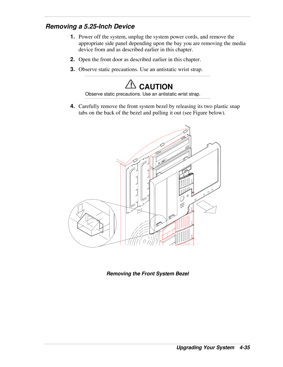 NEC LC1400 manual Removing a 5.25-Inch Device, Removing the Front System Bezel Upgrading Your System 