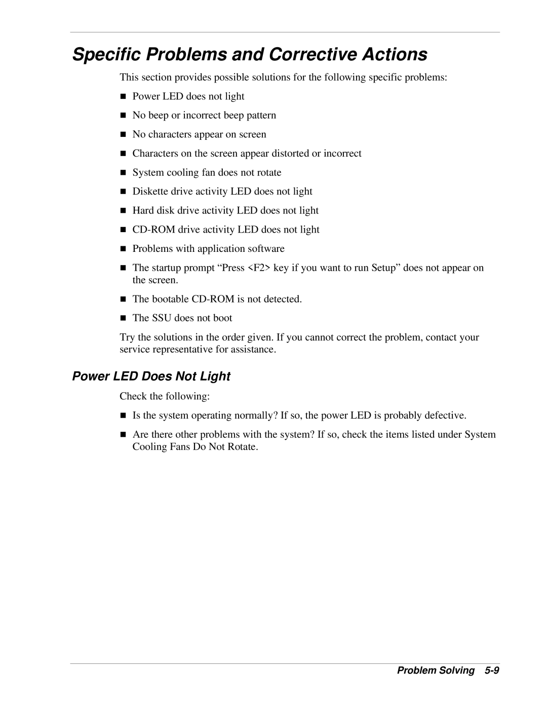 NEC LC1400 manual Specific Problems and Corrective Actions, Power LED Does Not Light 