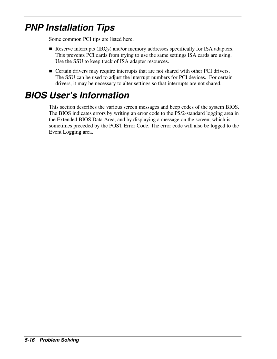 NEC LC1400 manual PNP Installation Tips, Bios User’s Information, Error and Status Messages 