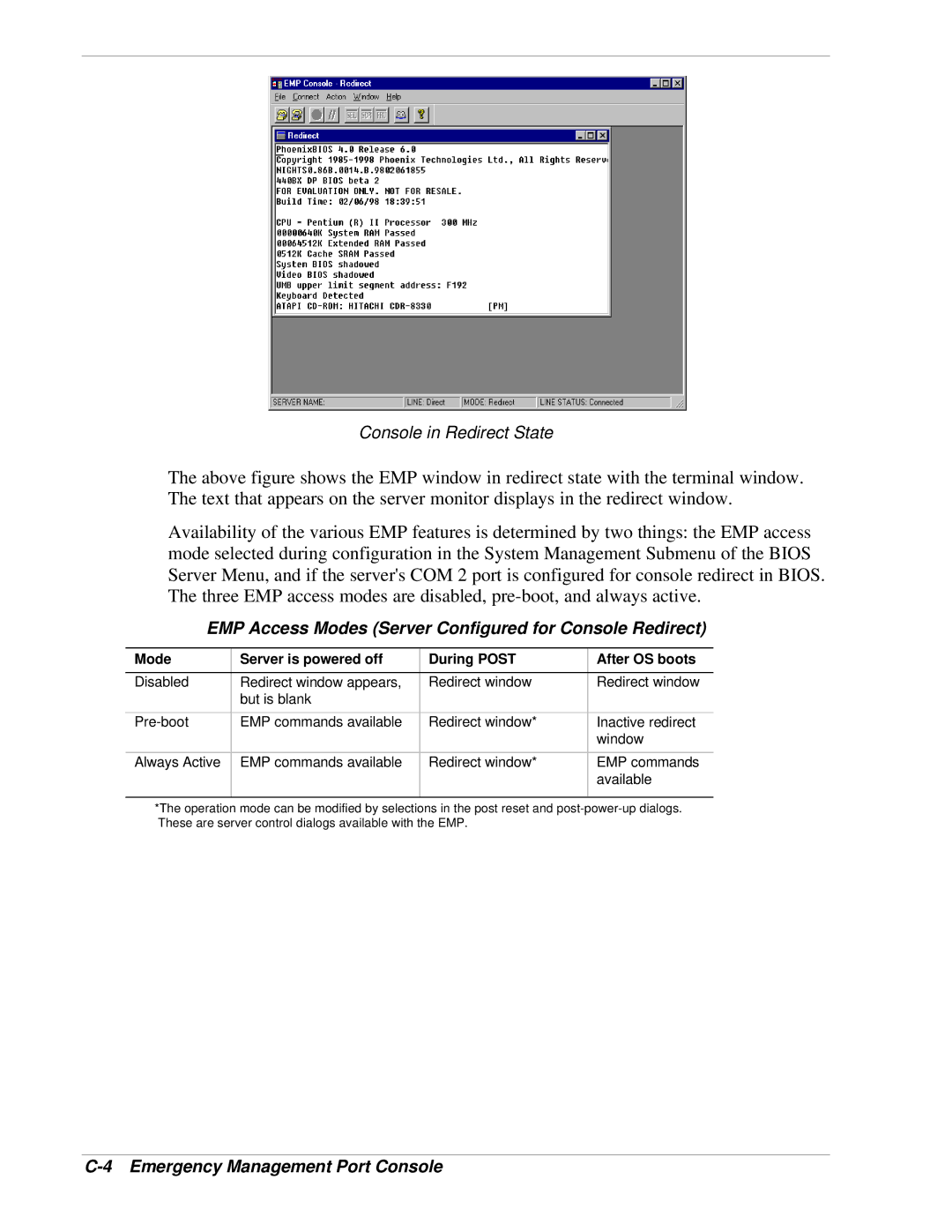 NEC LC1400 EMP Access Modes Server Configured for Console Redirect, Mode Server is powered off During Post After OS boots 