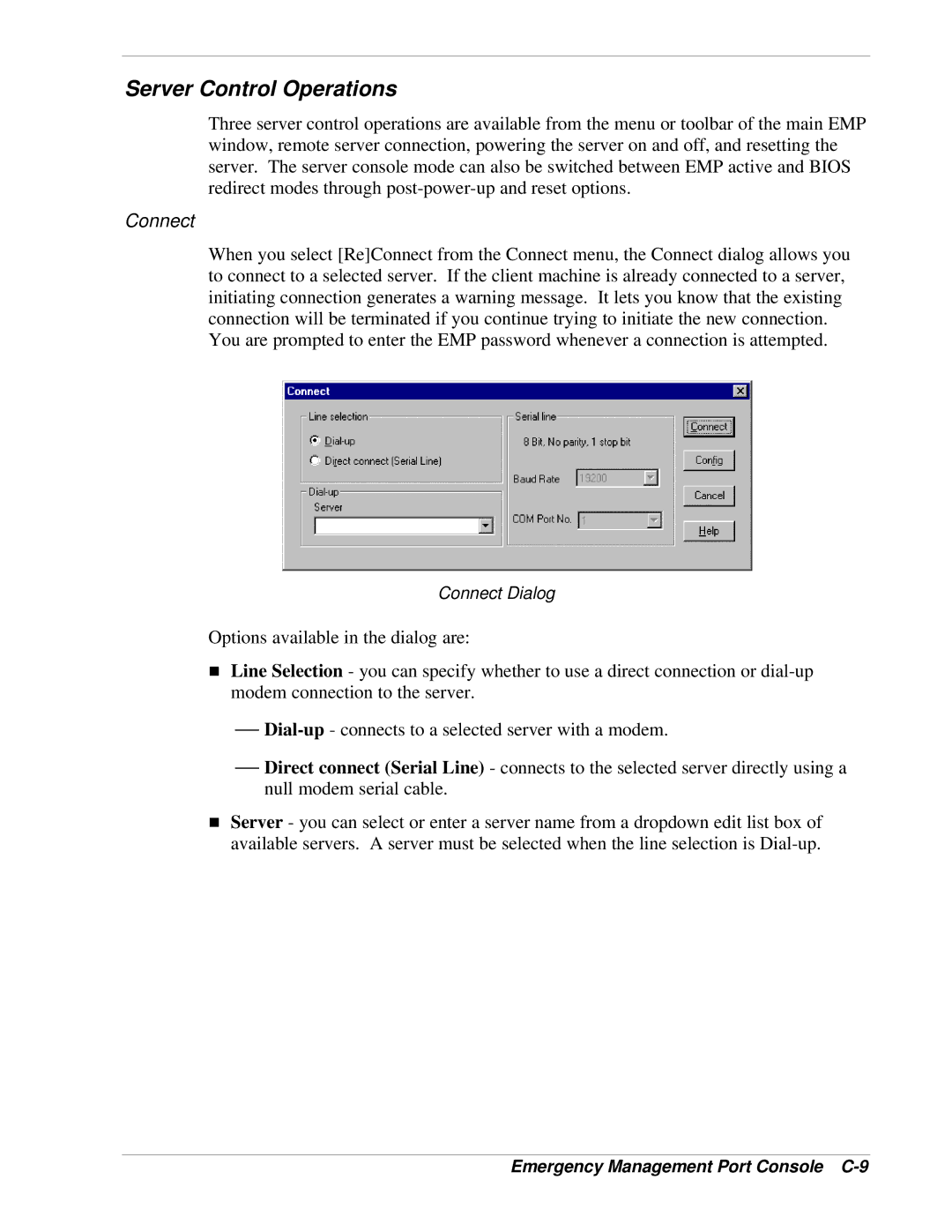 NEC LC1400 manual Server Control Operations, Connect, Emergency Management Port Console C-9 