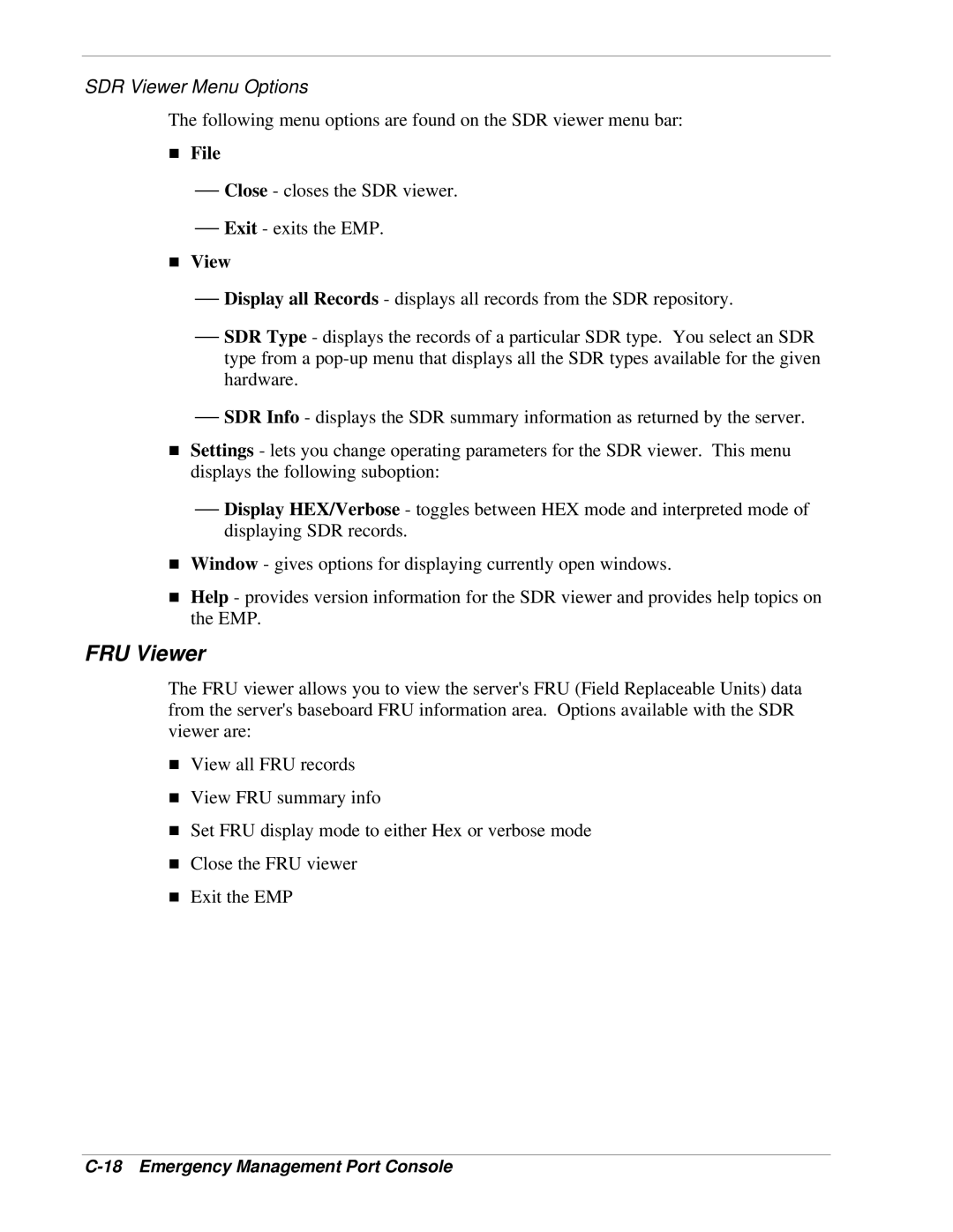 NEC LC1400 manual FRU Viewer, SDR Viewer Menu Options 