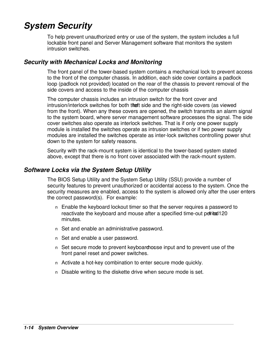 NEC LC1400 System Security, Security with Mechanical Locks and Monitoring, Software Locks via the System Setup Utility 