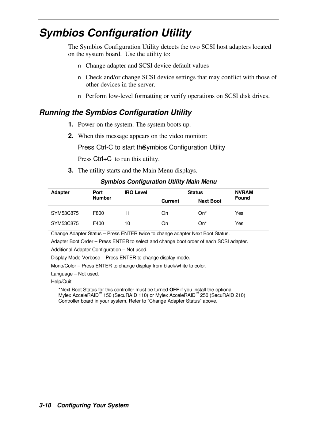 NEC LC1400 manual Running the Symbios Configuration Utility, Symbios Configuration Utility Main Menu 