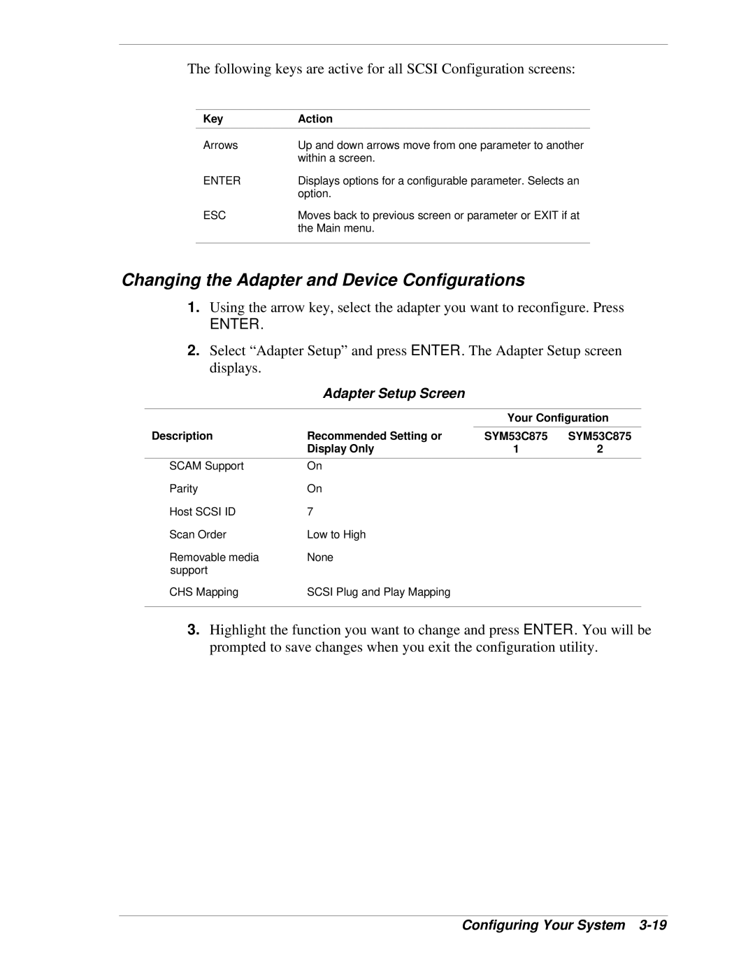 NEC LC1400 manual Changing the Adapter and Device Configurations, Adapter Setup Screen, Key Action, Your Configuration 