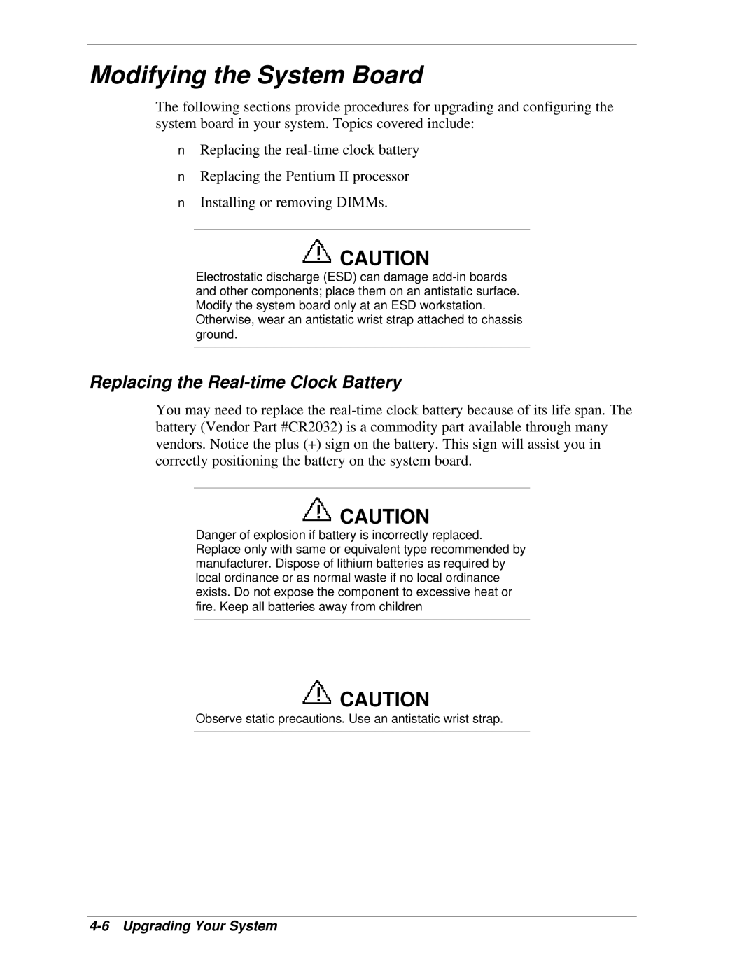 NEC LC1400 manual Modifying the System Board, Replacing the Real-time Clock Battery 