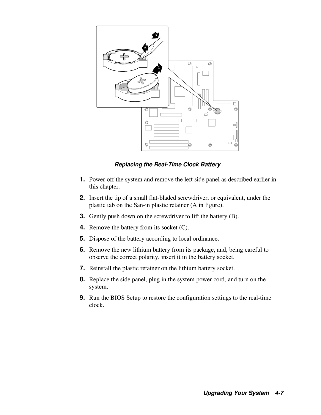 NEC LC1400 manual Replacing the Real-Time Clock Battery 