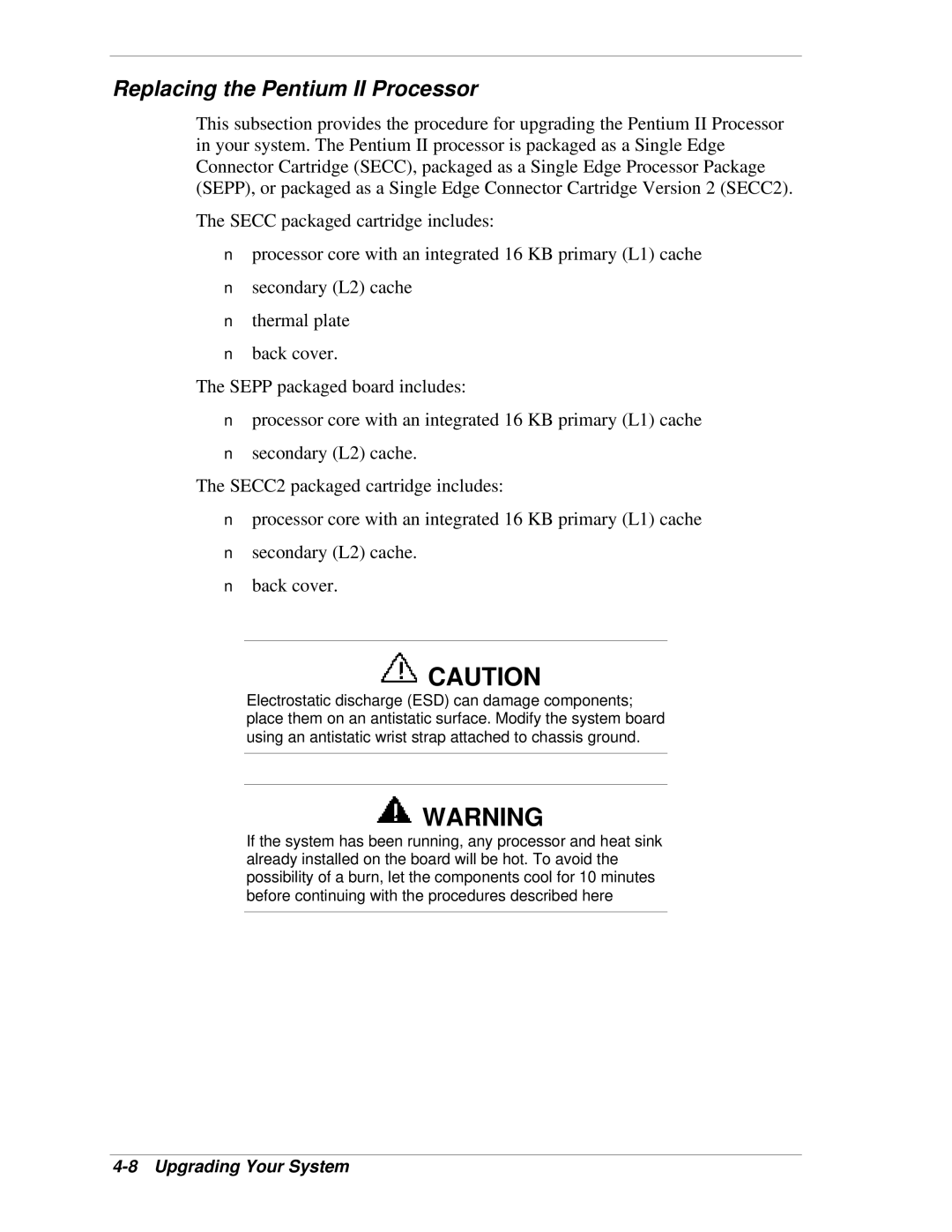 NEC LC1400 manual Replacing the Pentium II Processor 