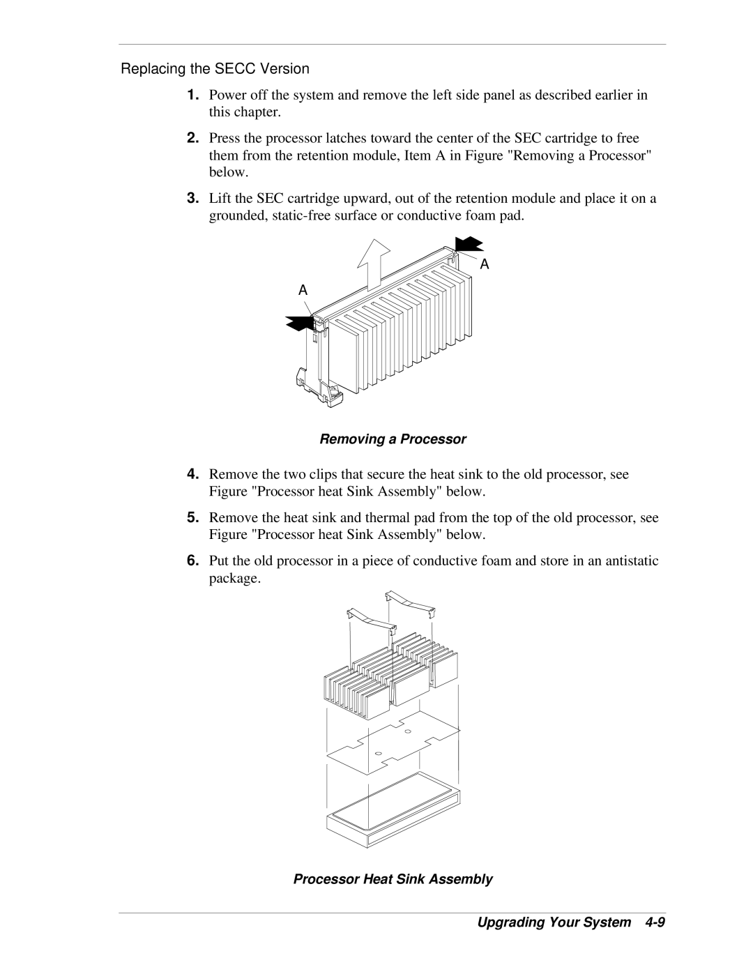 NEC LC1400 manual Replacing the Secc Version, Removing a Processor, Processor Heat Sink Assembly Upgrading Your System 