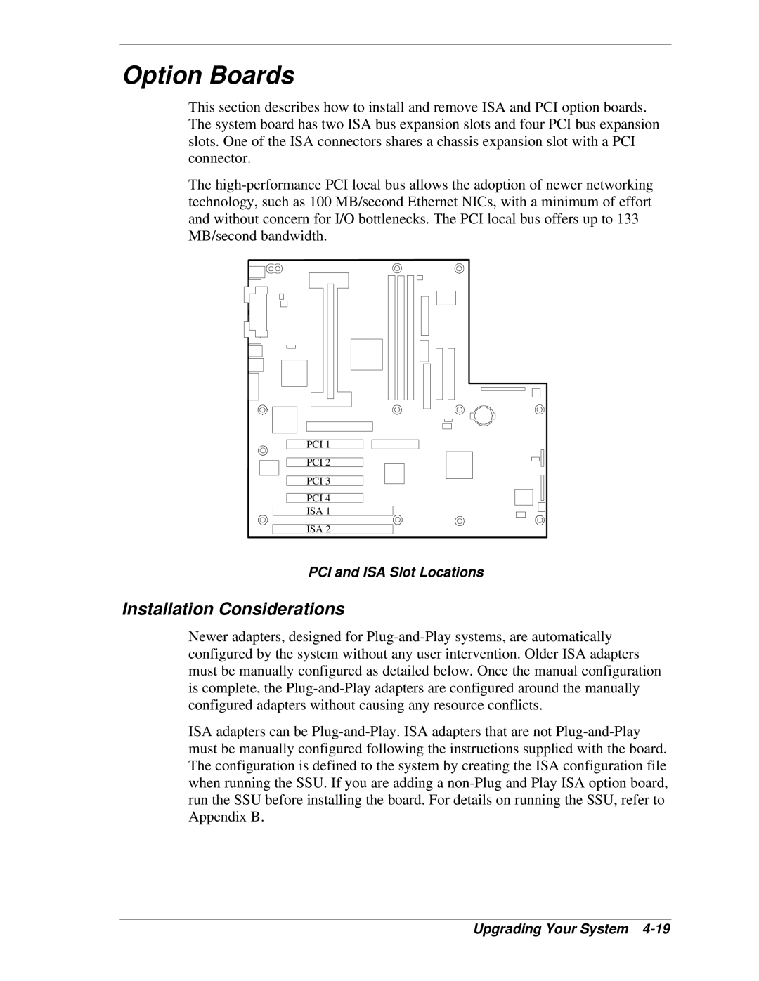 NEC LC1400 manual Option Boards, Installation Considerations, PCI and ISA Slot Locations 