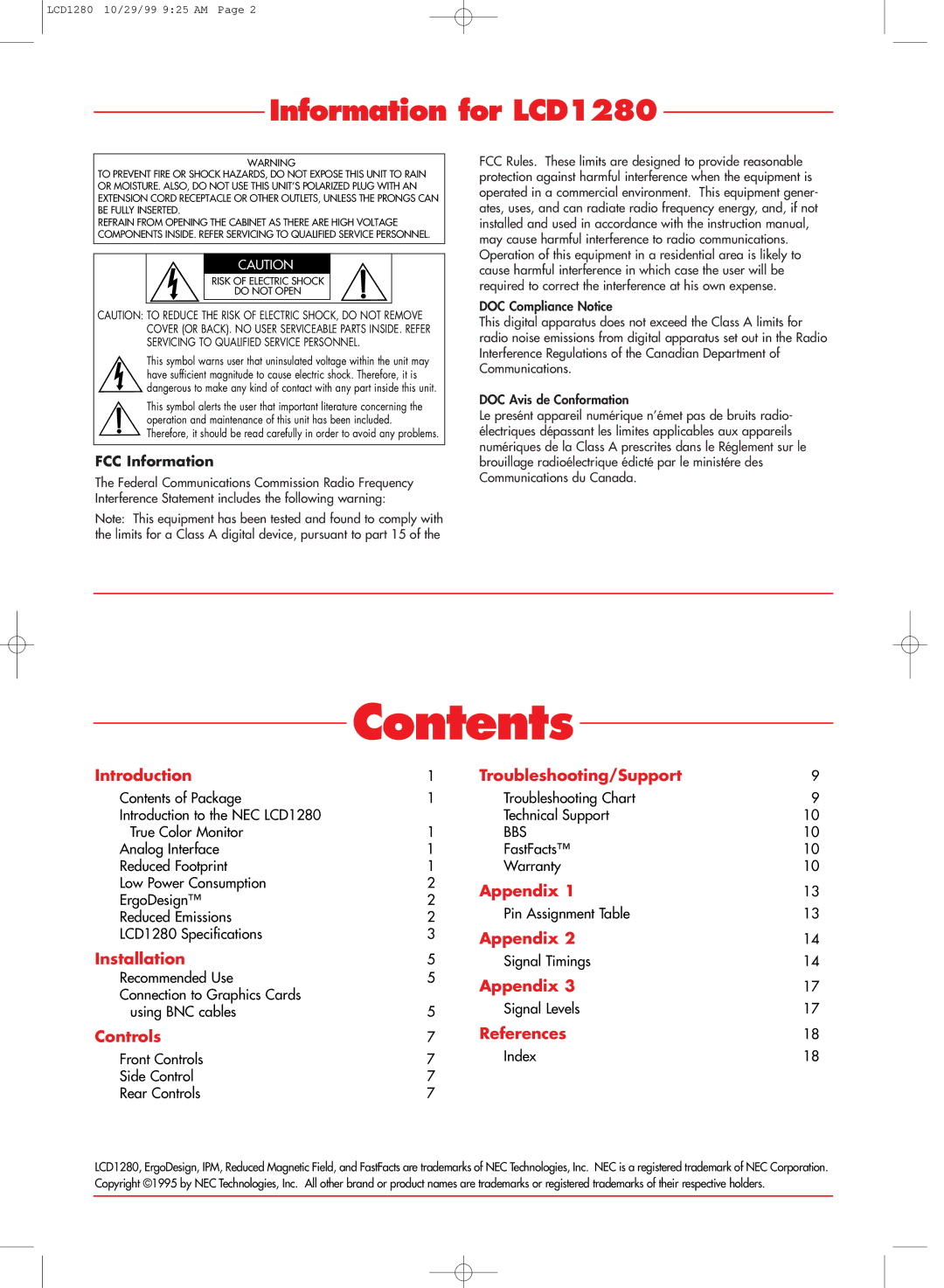 NEC LCD1280 user manual Contents 