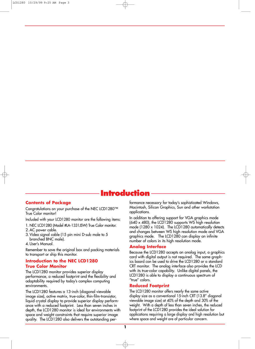 NEC Contents of Package, Introduction to the NEC LCD1280 True Color Monitor, Analog Interface, Reduced Footprint 