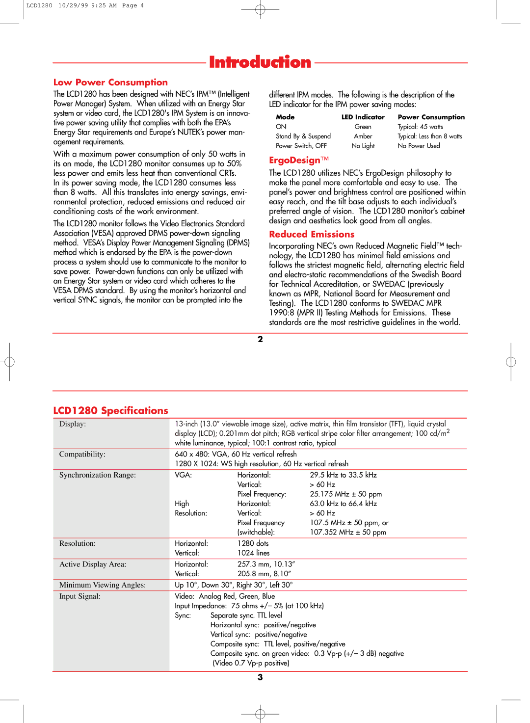 NEC LCD1280 user manual Low Power Consumption, ErgoDesign, Reduced Emissions 