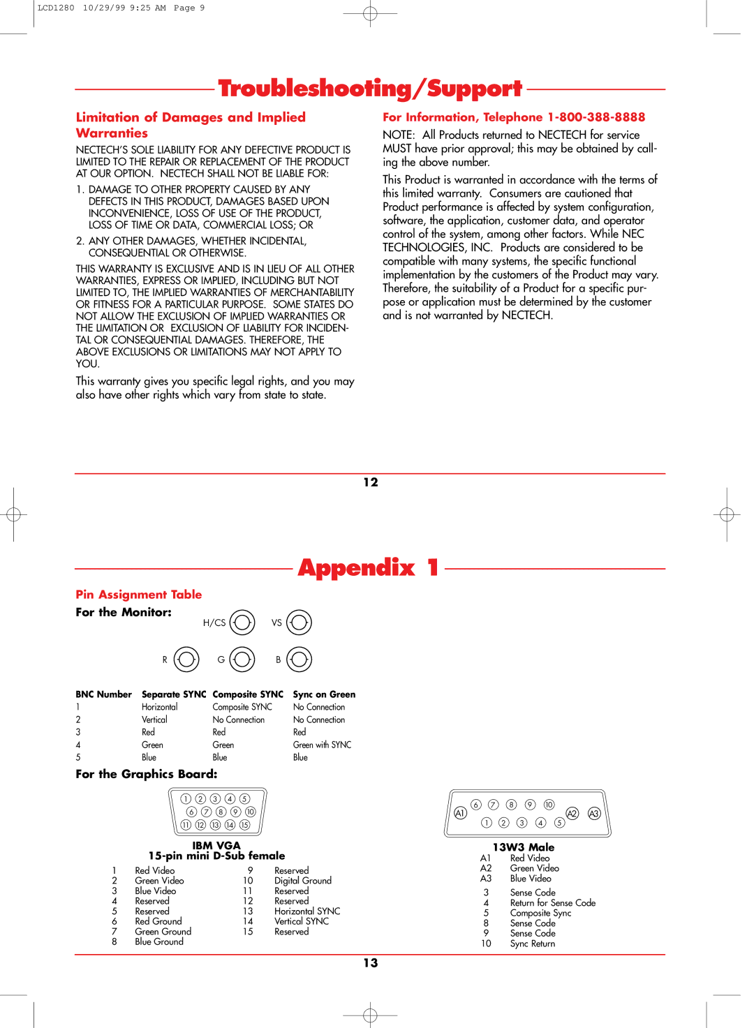 NEC LCD1280 user manual Appendix, Limitation of Damages and Implied Warranties 