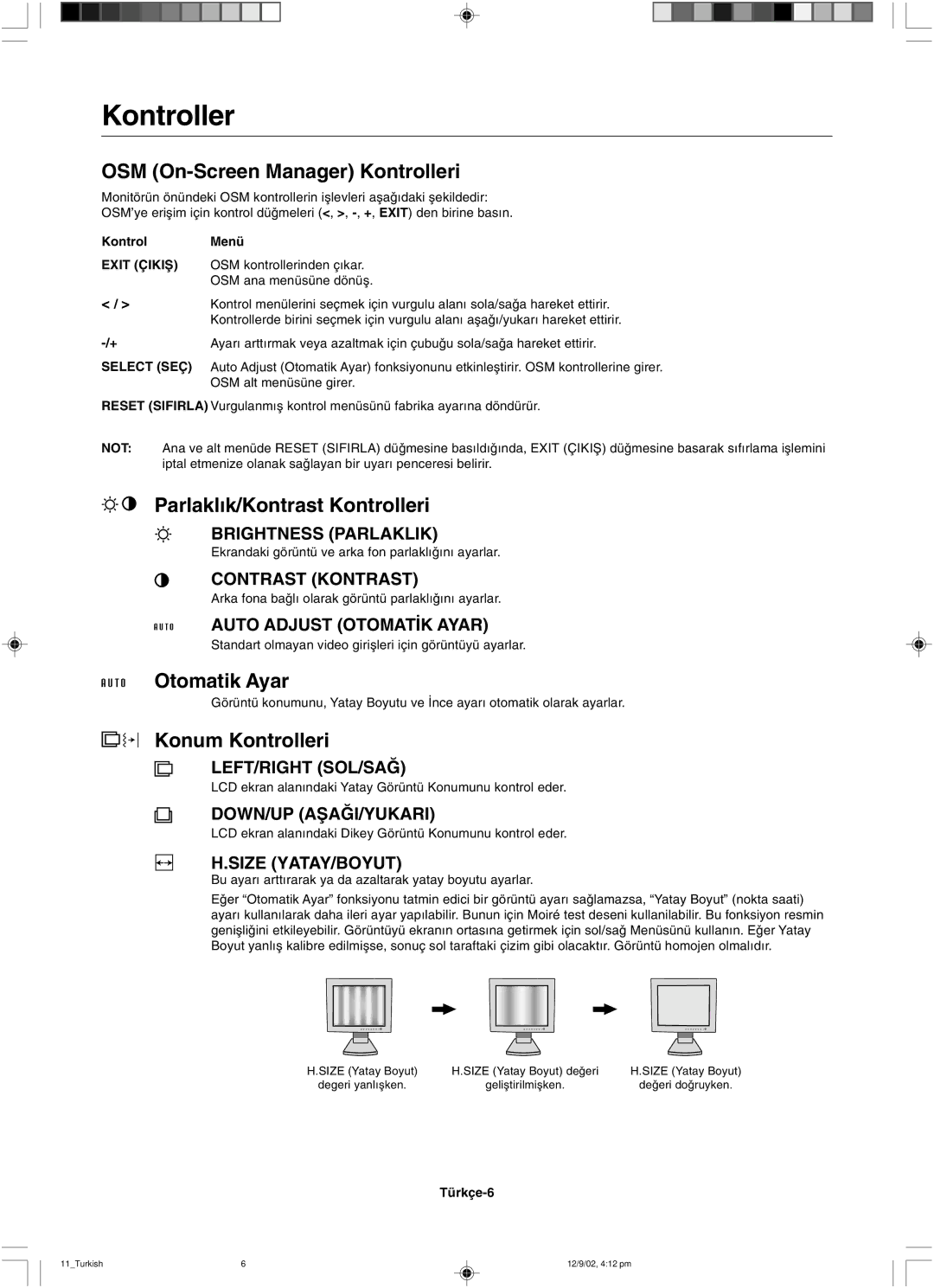 NEC LCD1501 OSM On-Screen Manager Kontrolleri, Parlakl∂k/Kontrast Kontrolleri, Otomatik Ayar, Konum Kontrolleri 