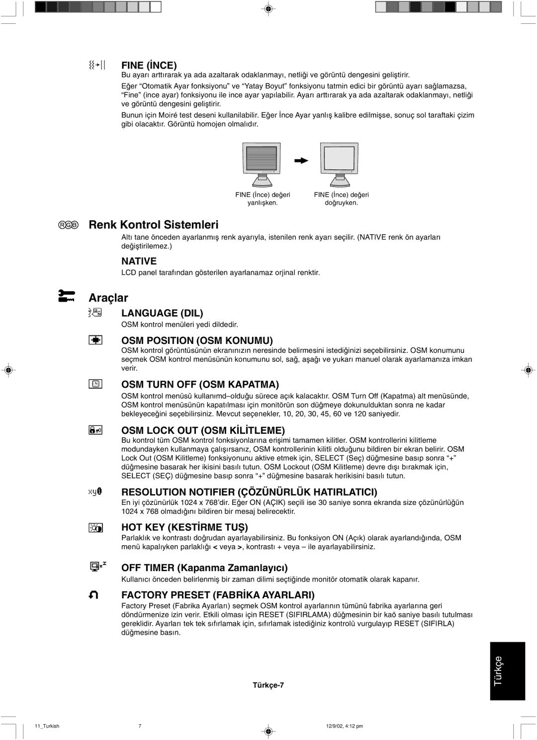 NEC LCD1501 user manual Renk Kontrol Sistemleri, Araçlar 