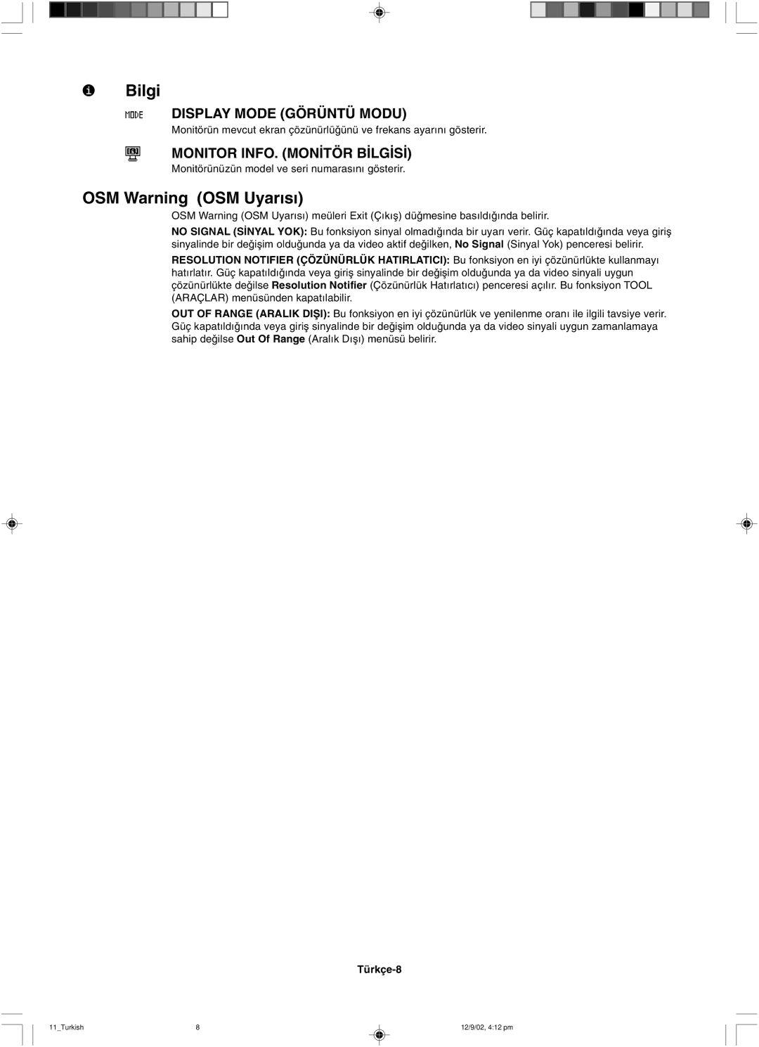 NEC LCD1501 user manual Bilgi, OSM Warning OSM Uyar∂s∂ 