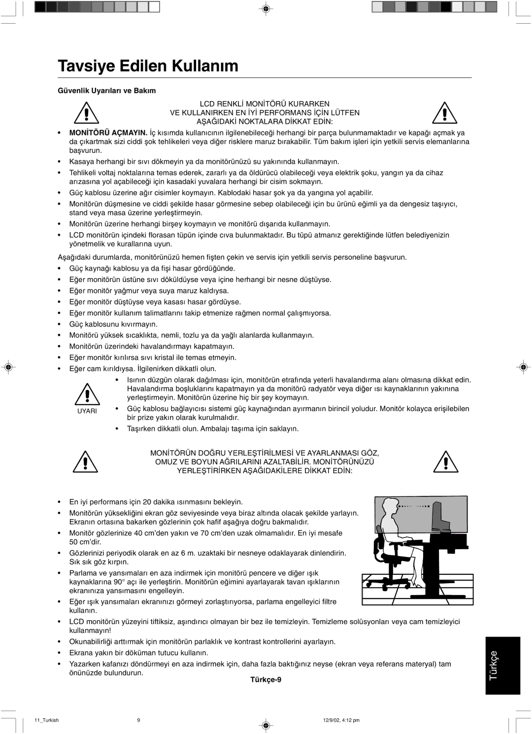 NEC LCD1501 user manual Tavsiye Edilen Kullan∂m, Güvenlik Uyar∂lar∂ ve Bak∂m 